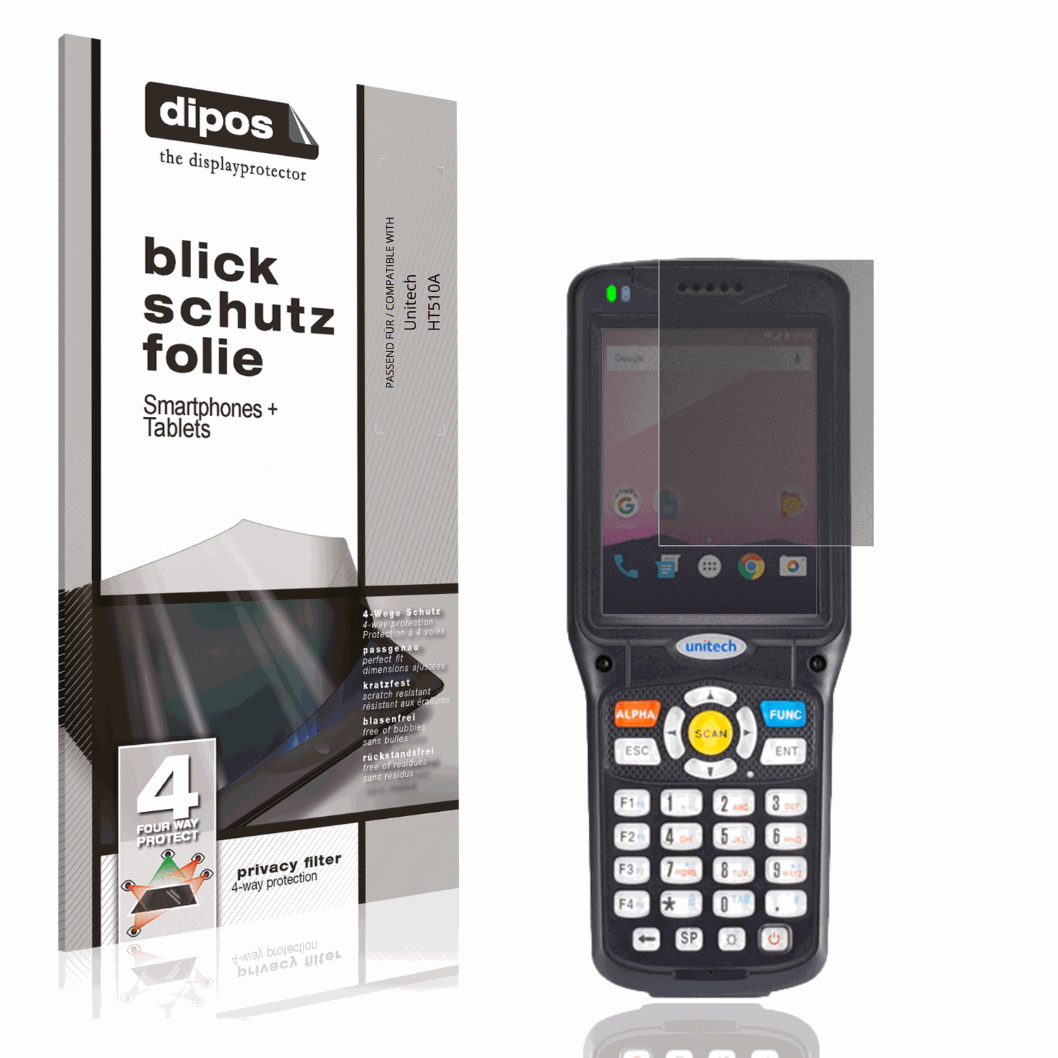 Blickschutzfolie von dipos passend für Unitech HT510A, präziser Zuschnitt und blasenfrei montiert