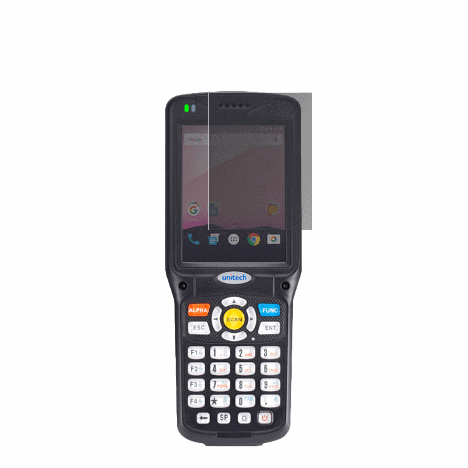 UnitechHT510A mit aufgebrachtem dipos Displayschutz, der seitliche Einblicke blockiert