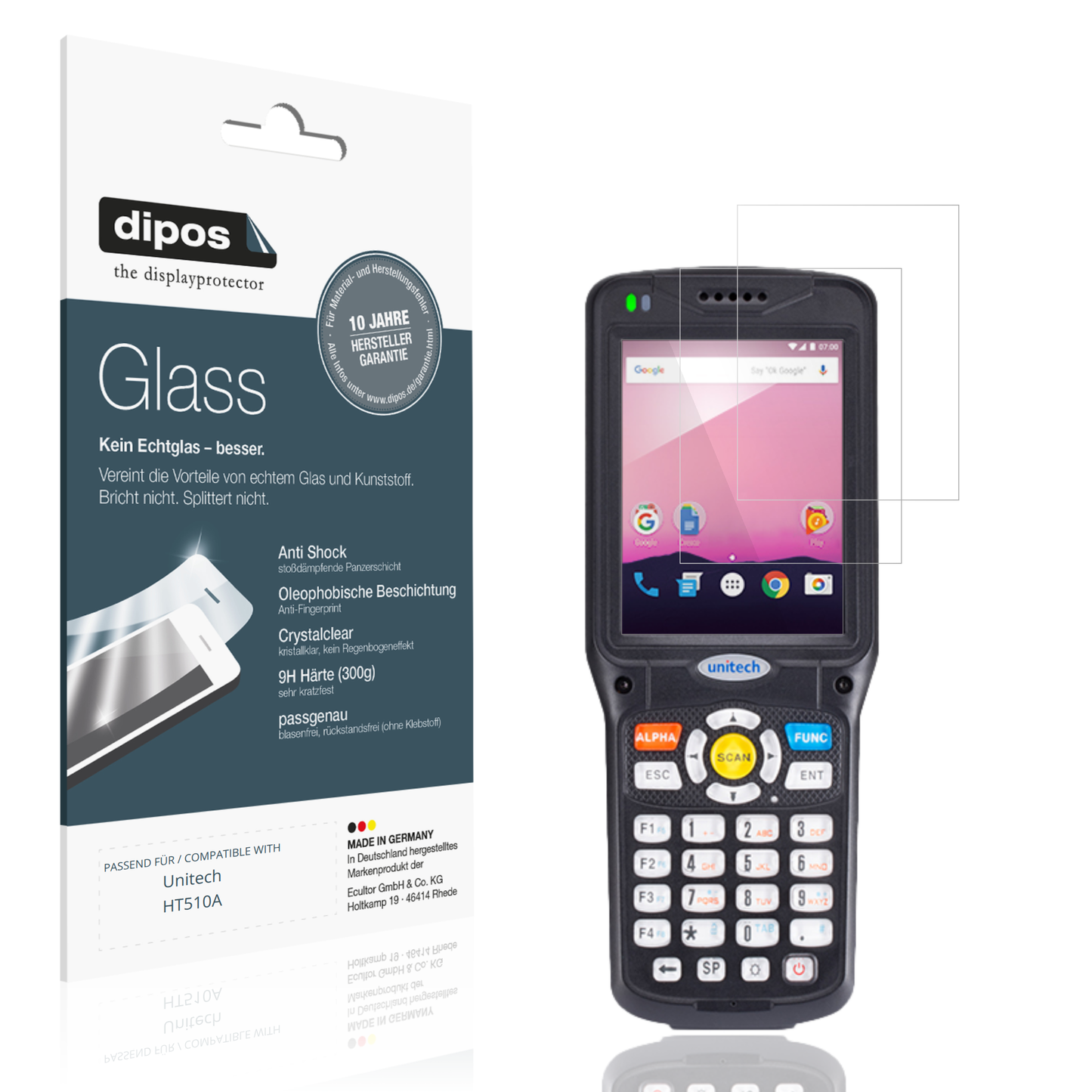 Klare Displayschutzfolie von dipos passend für Unitech HT510A, 9H kratzfest und blasenfrei montiert