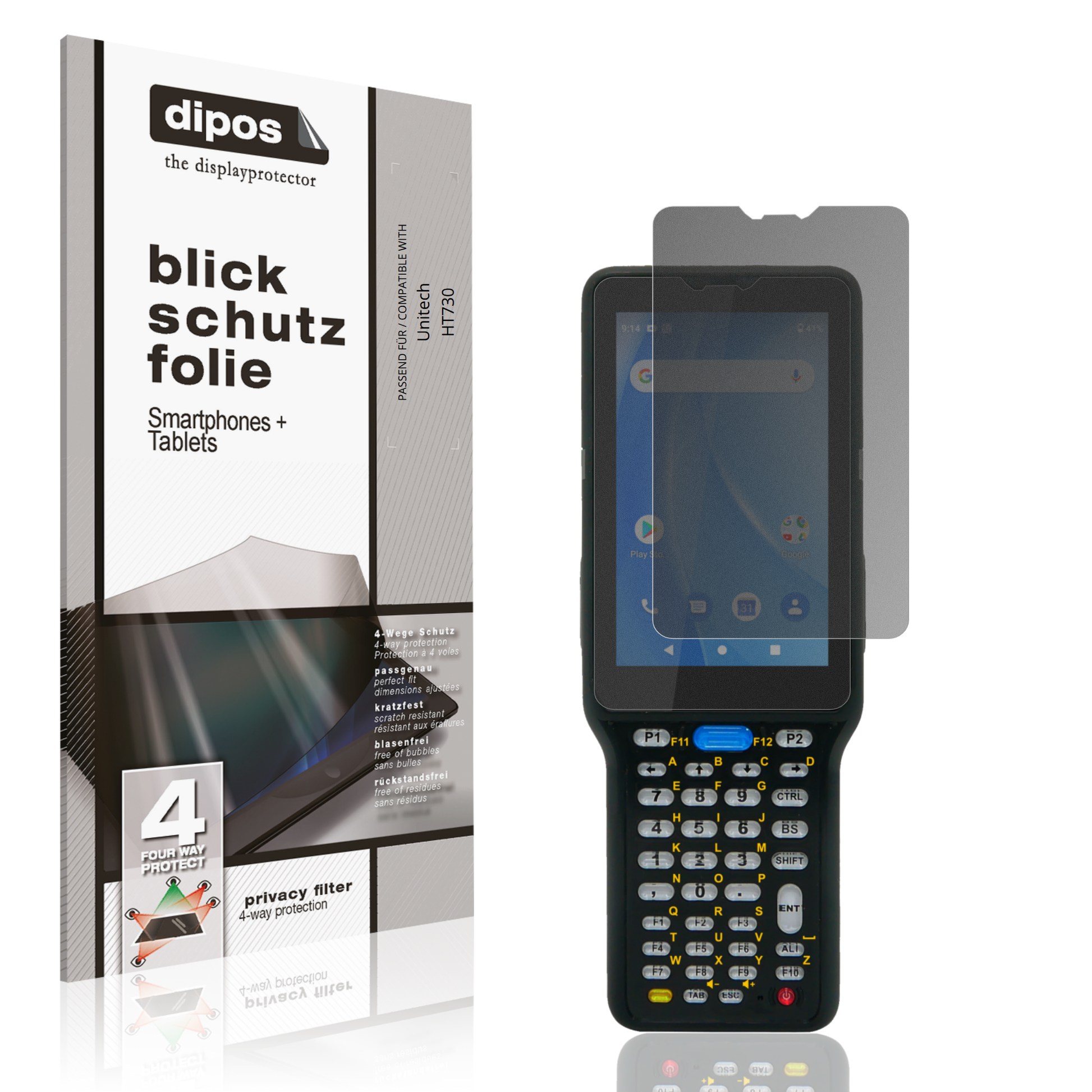 Blickschutzfolie von dipos passend für Unitech HT730, präziser Zuschnitt und blasenfrei montiert