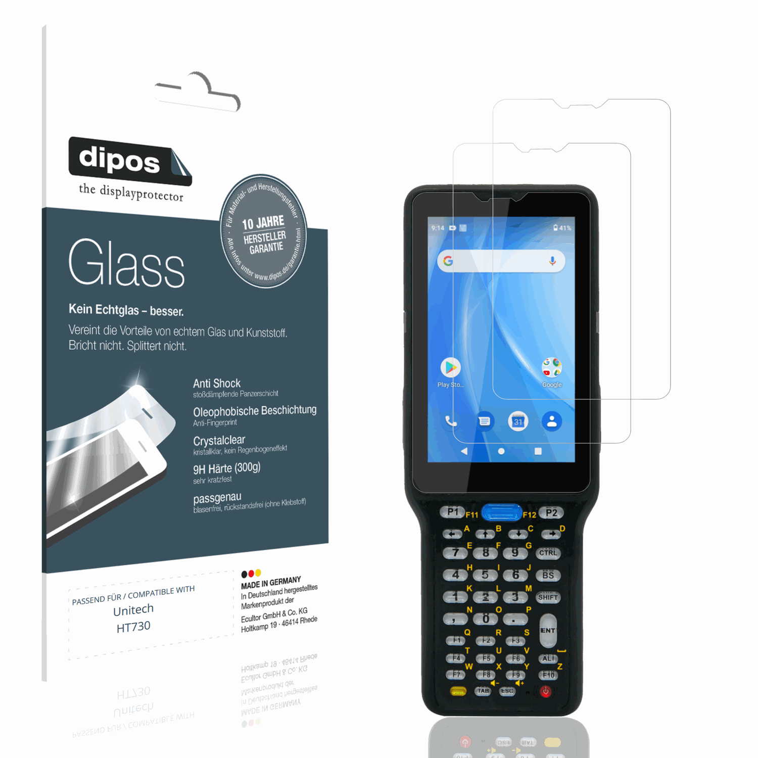 Klare Displayschutzfolie von dipos passend für Unitech HT730, 9H kratzfest und blasenfrei montiert