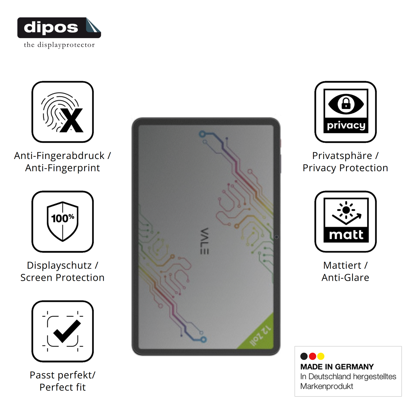 Privatsphäre-Schutz durch Sichtschutz-Folie passend zugeschnitten für Vale V12X LTE 12.6 Zoll