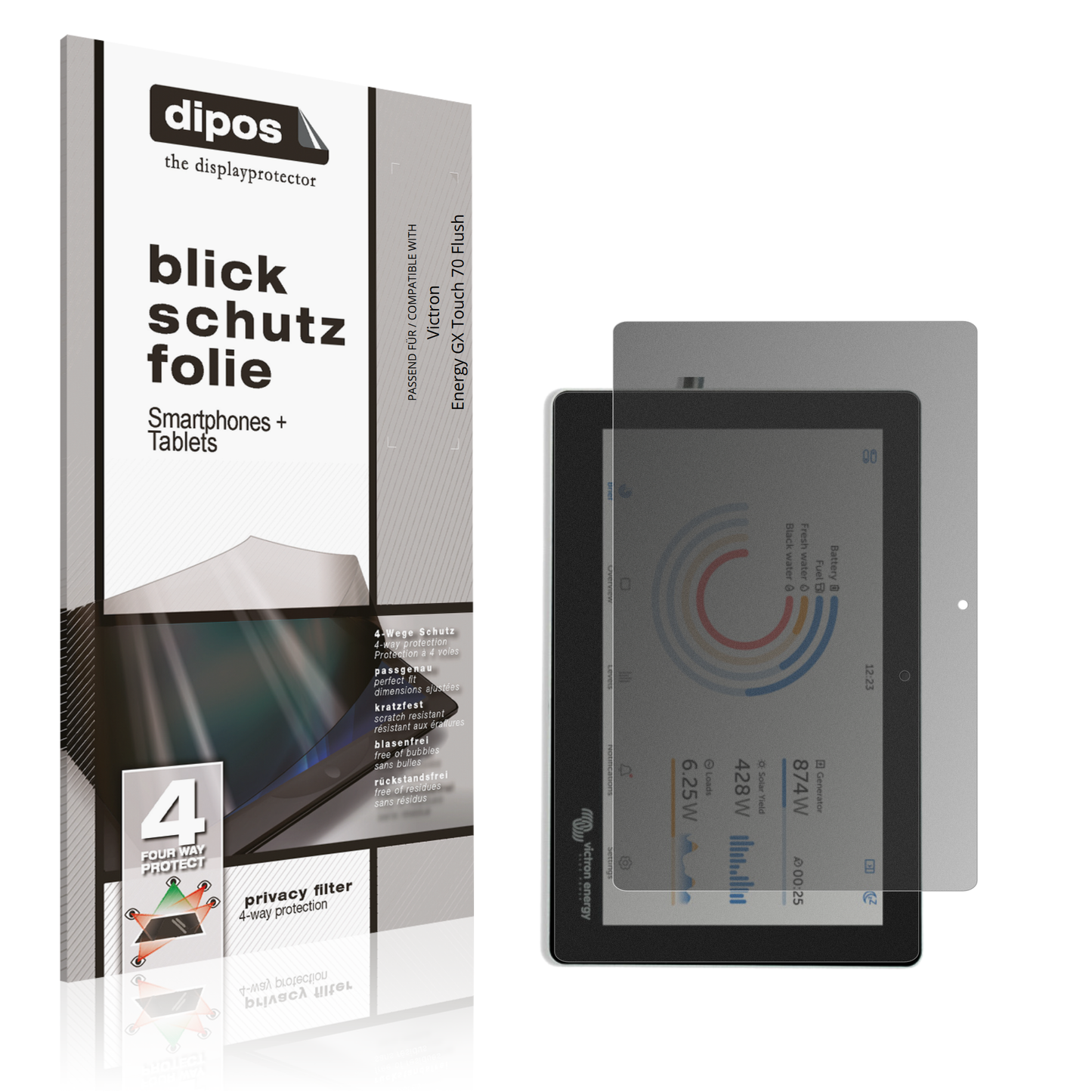 Blickschutzfolie von dipos passend für Victron Energy GX Touch 70 Flush, präziser Zuschnitt und blasenfrei montiert
