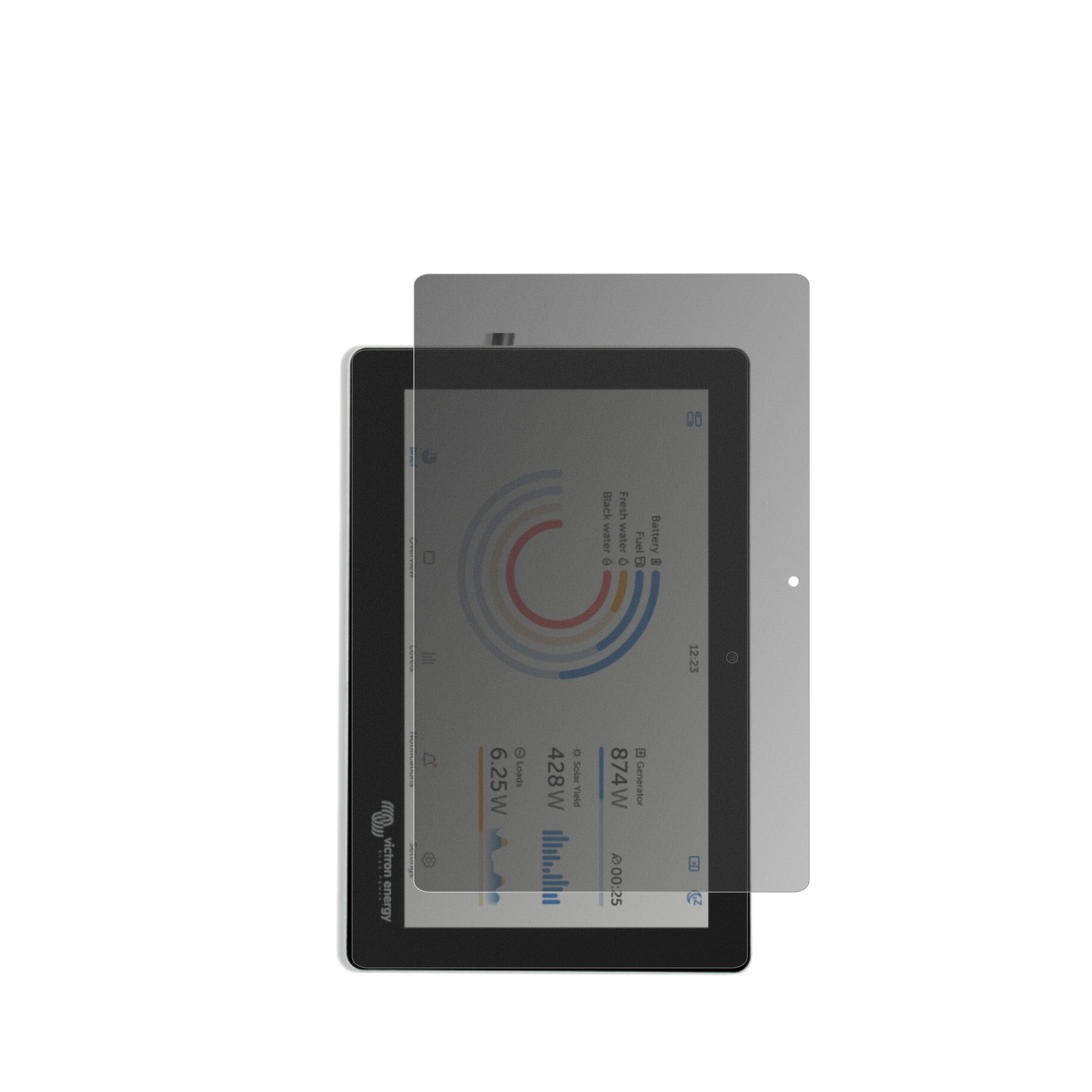 VictronEnergy GX Touch 70 Flush mit aufgebrachtem dipos Displayschutz, der seitliche Einblicke blockiert