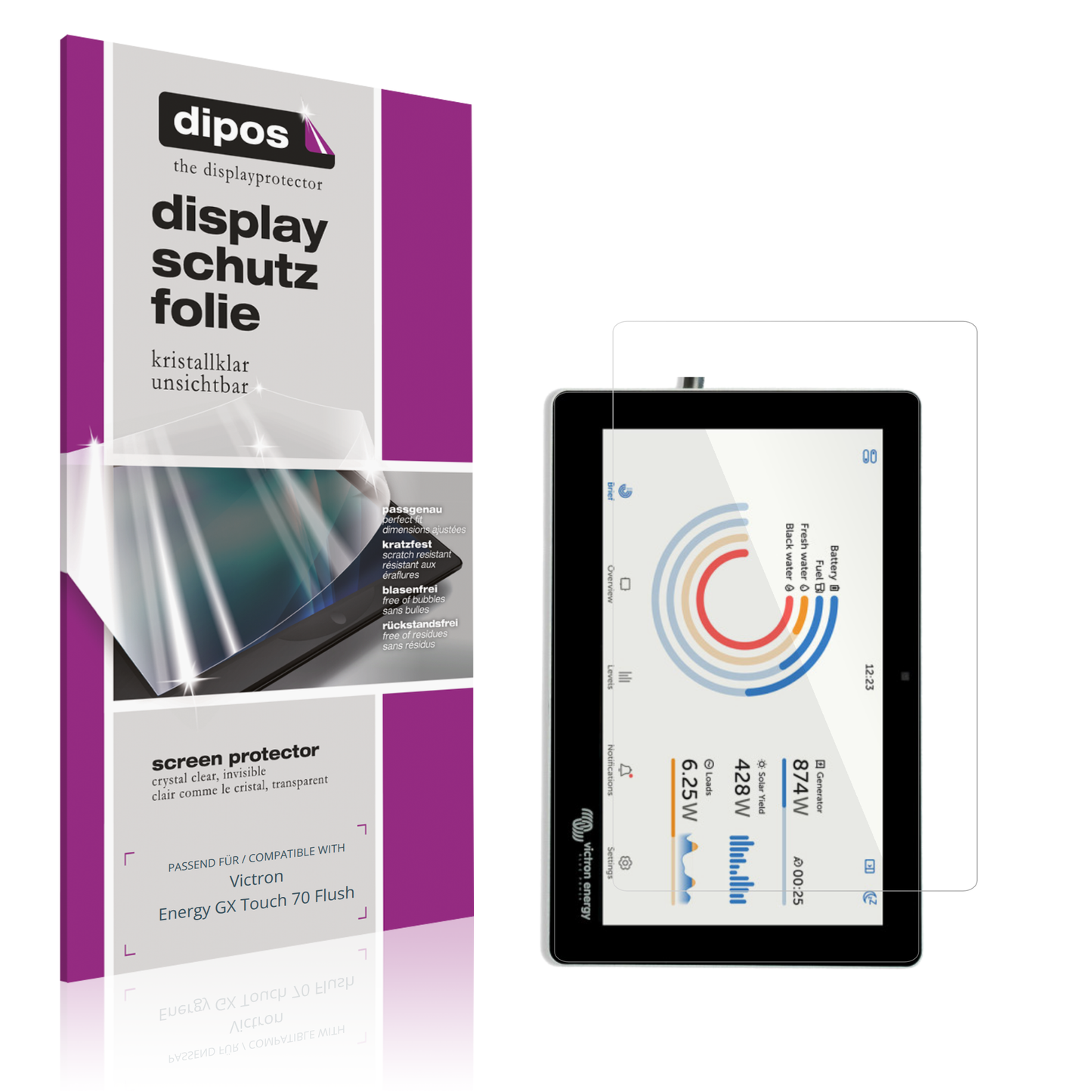 Klare Displayschutzfolie von dipos passend für Victron Energy GX Touch 70 Flush, präziser Zuschnitt und blasenfrei montiert