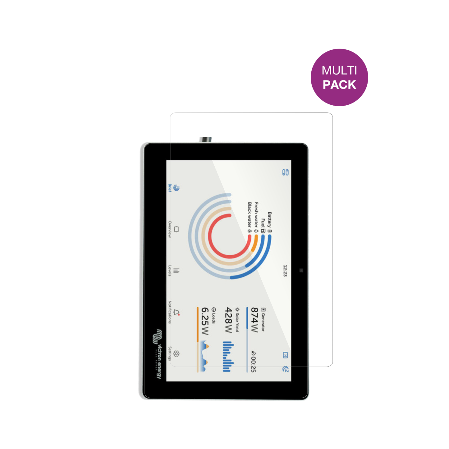 VictronEnergy GX Touch 70 Flush mit aufgebrachter dipos Displayschutzfolie, glasklare Darstellung ohne Einschränkungen