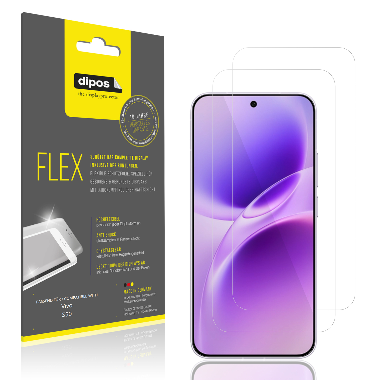 Klare Displayschutzfolie von dipos passend für Vivo S50, 100% Displayabdeckung und blasenfreie Montage