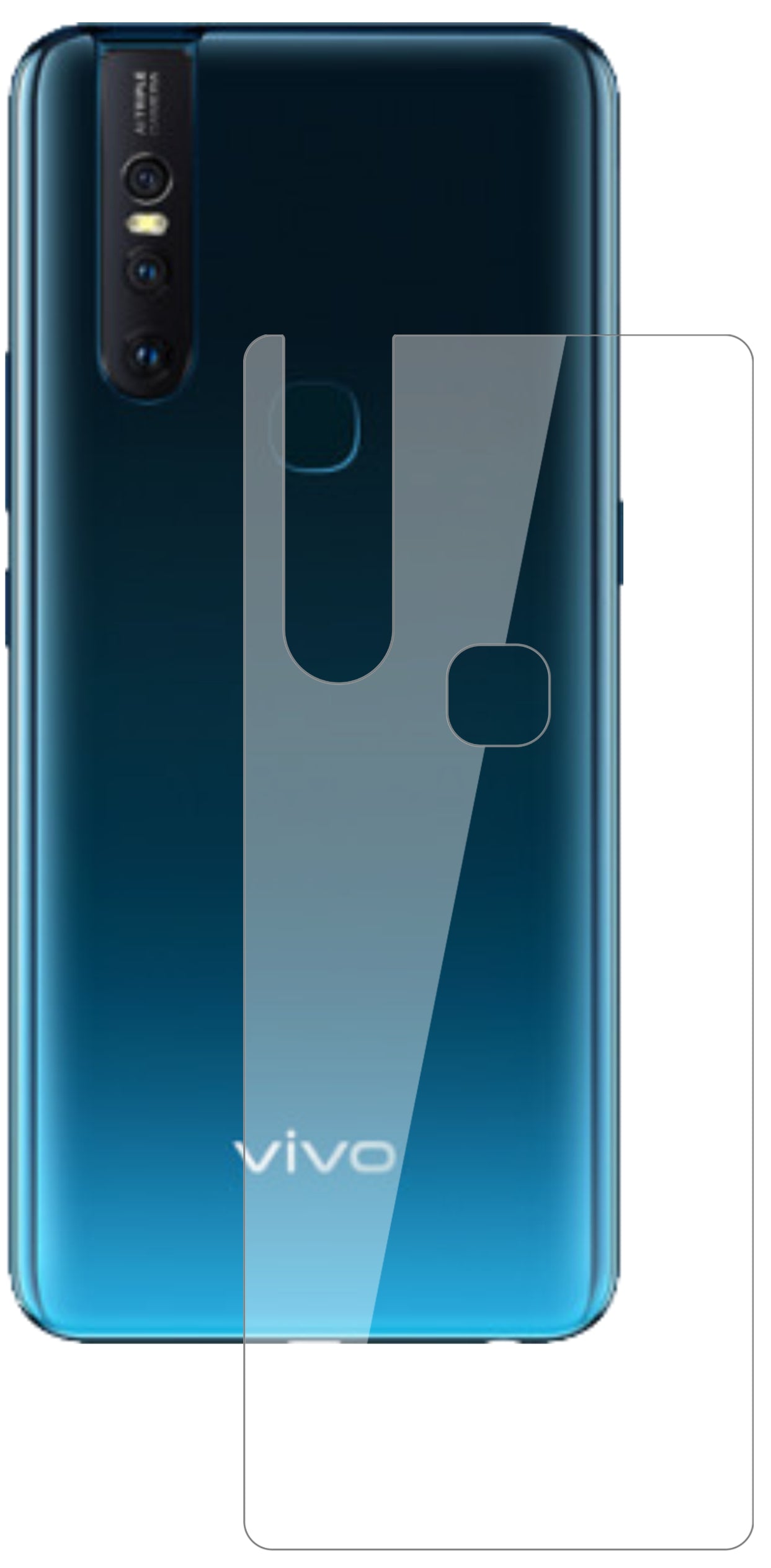 VivoV15 Rückseite mit aufgebrachter dipos Flex Schutzfolie, glasklare Darstellung ohne Einschränkungen