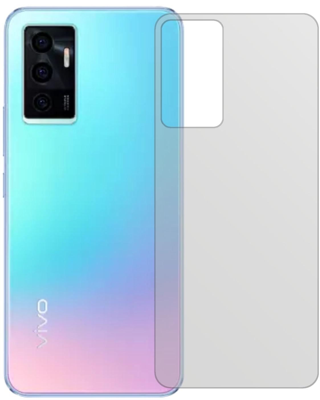 VivoV23e 5G Rückseite mit aufgebrachter dipos Displayschutzfolie, die lästige Fingerabdrücke minimiert