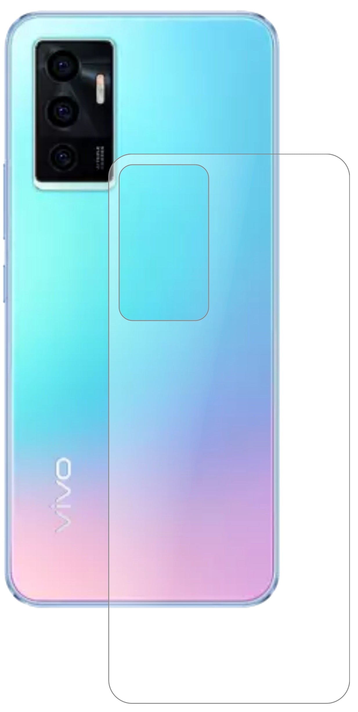 VivoV23e 5G Rückseite mit aufgebrachter dipos Panzerfolie, die lästige Fingerabdrücke minimiert