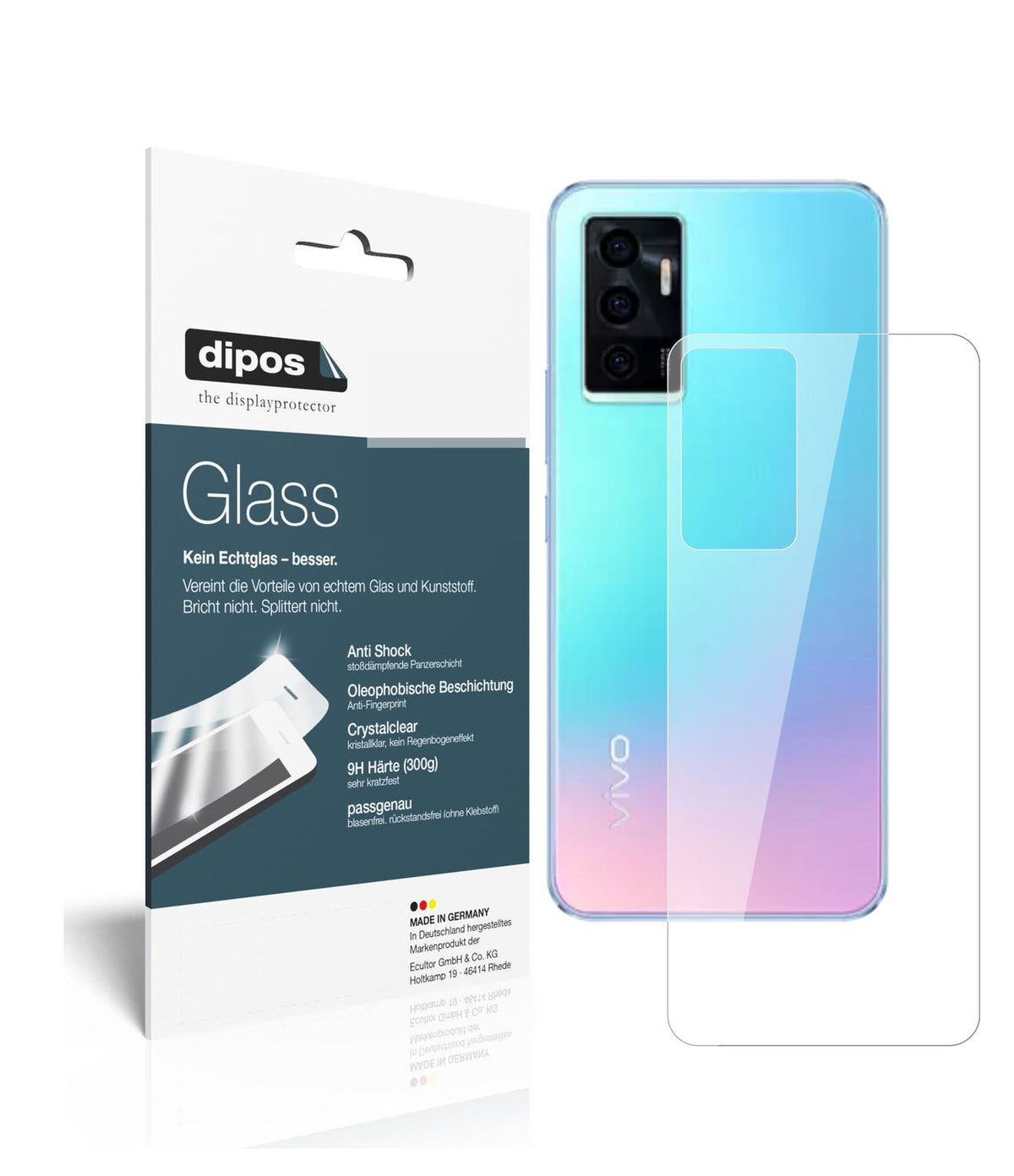Klare Displayschutzfolie von dipos passend für Vivo V23e 5G Rückseite, 9H kratzfest und blasenfrei montiert