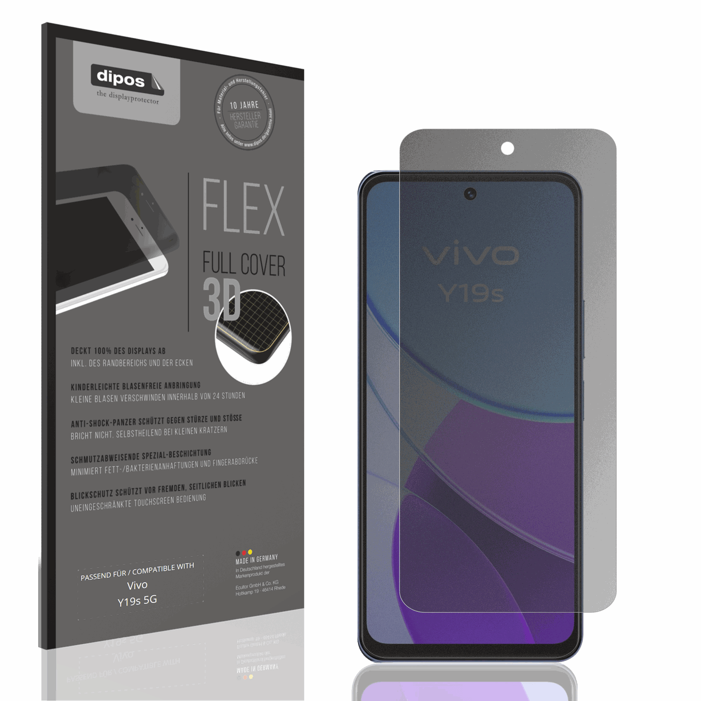Blickschutzfolie von dipos passend für vivoy19s 5g, 100% Displayabdeckung und blasenfreie Montage
