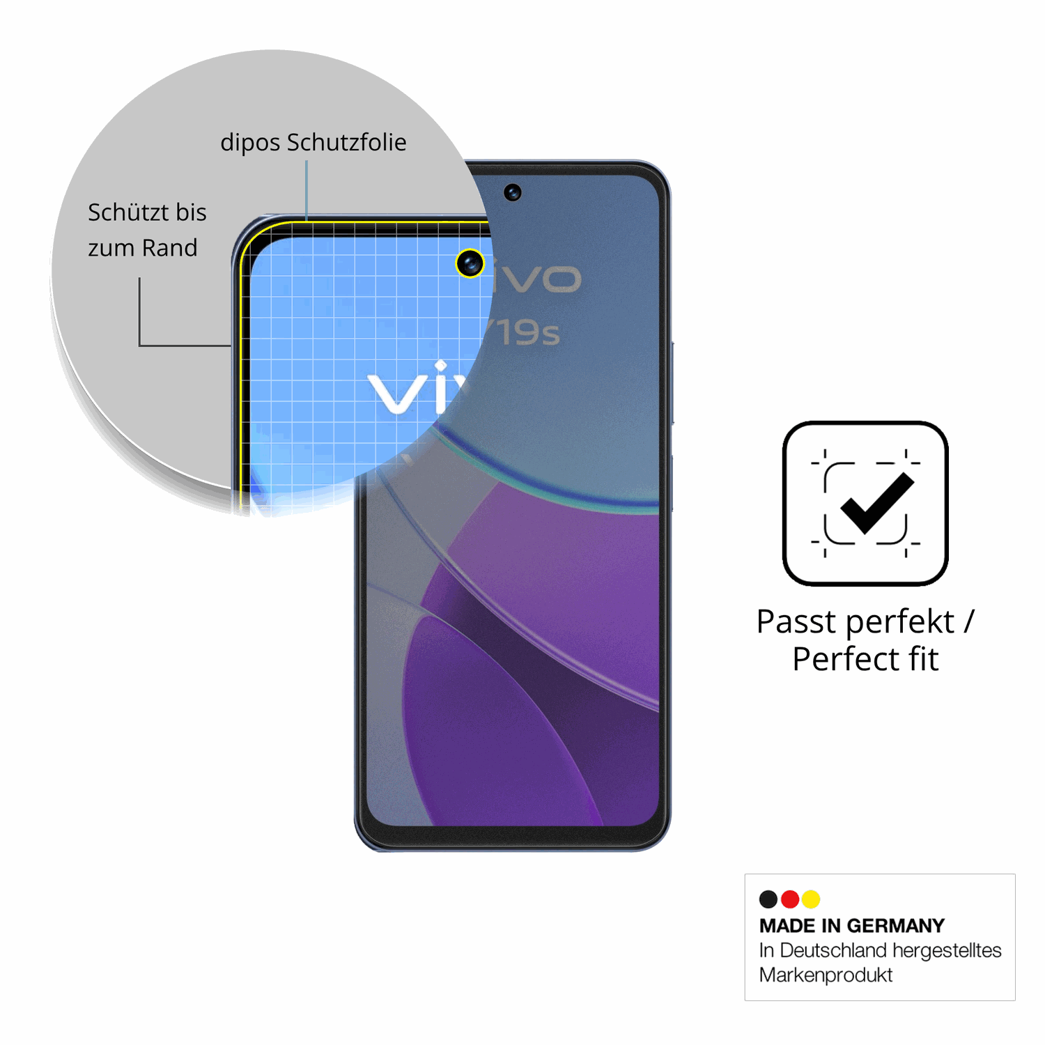 Schutz gegen Kratzer auf dem vivoy19s 5g Glas durch Schlüssel, Stöße gegen die Tischkante oder Stürze