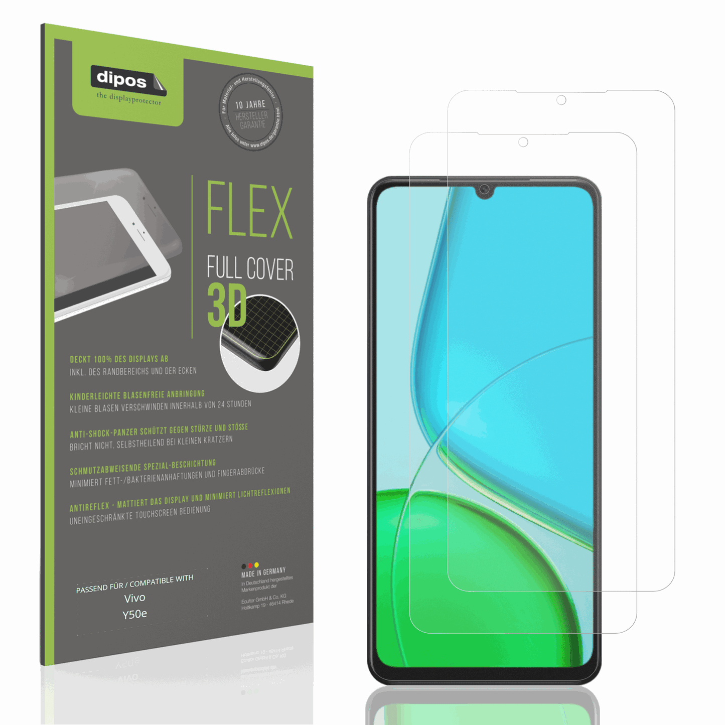 Matte Displayschutzfolie von dipos passend für Vivo Y50e, 100% Displayabdeckung und blasenfreie Montage