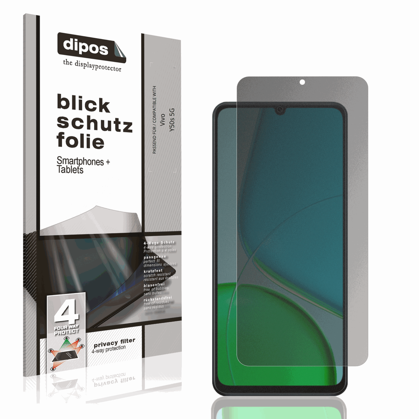 Blickschutzfolie von dipos passend für Vivo Y50s 5G, präziser Zuschnitt und blasenfrei montiert
