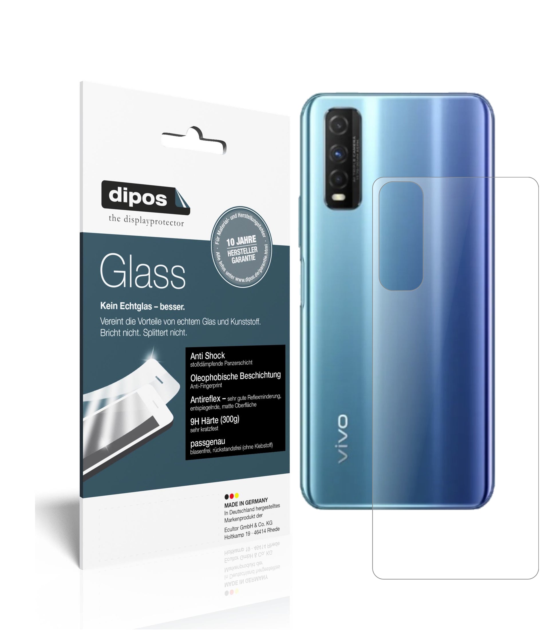 Matte Displayschutzfolie von dipos passend für vivo Y50t Rückseite, 9H kratzfest und blasenfrei montiert