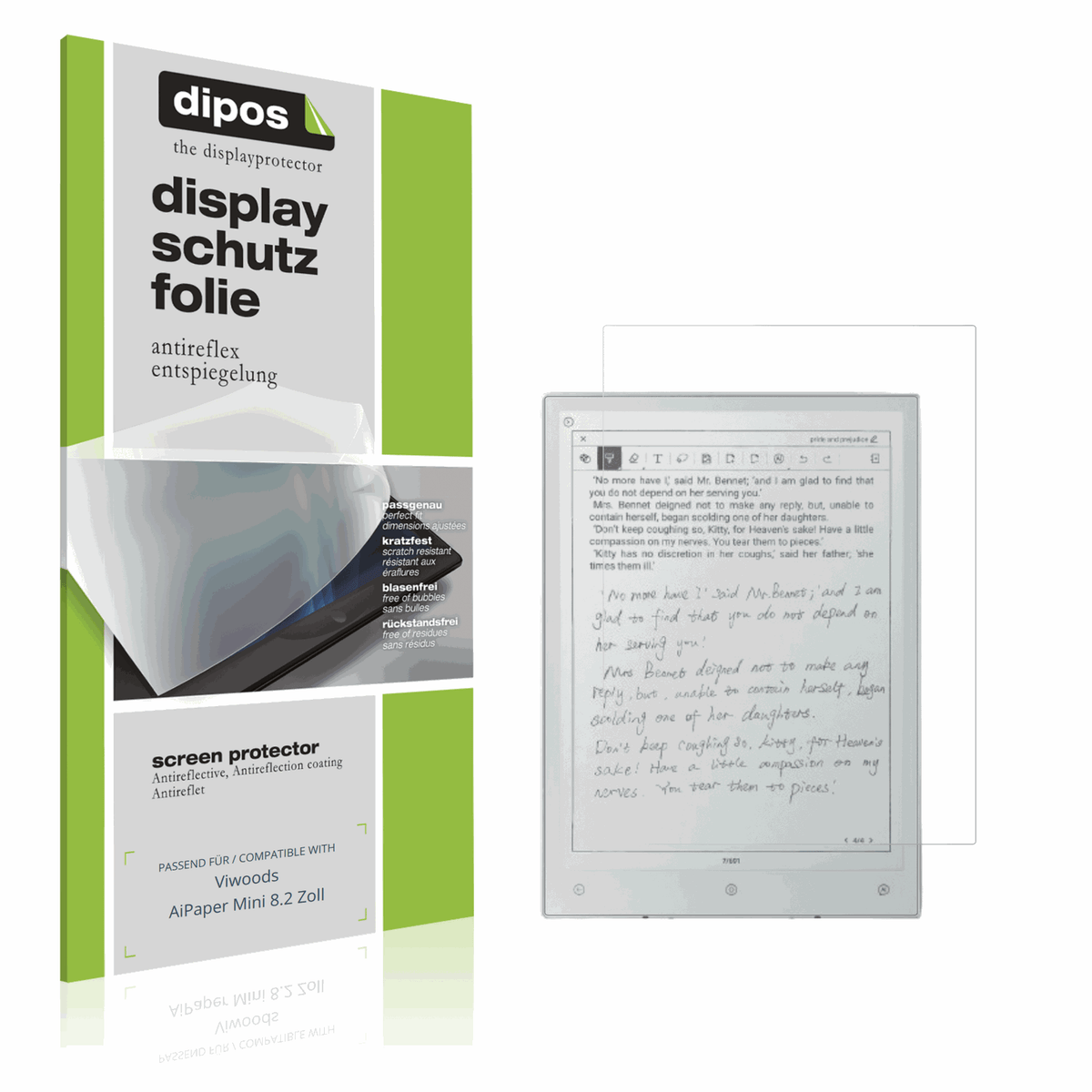 Matte Displayschutzfolie von dipos passend für Viwoods AiPaper Mini 8.2 Zoll, präziser Zuschnitt und blasenfrei montiert