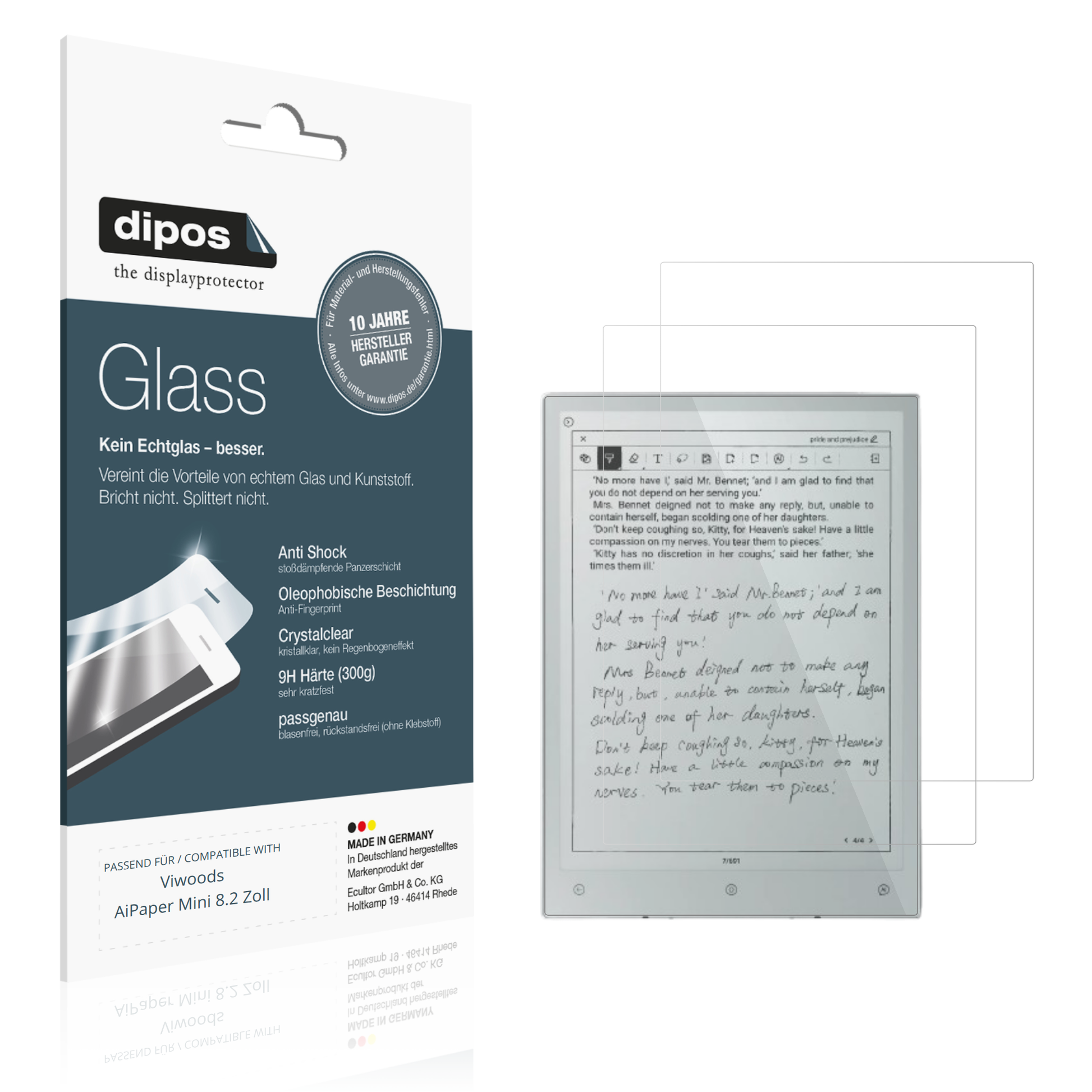 Klare Displayschutzfolie von dipos passend für Viwoods AiPaper Mini 8.2 Zoll, 9H kratzfest und blasenfrei montiert