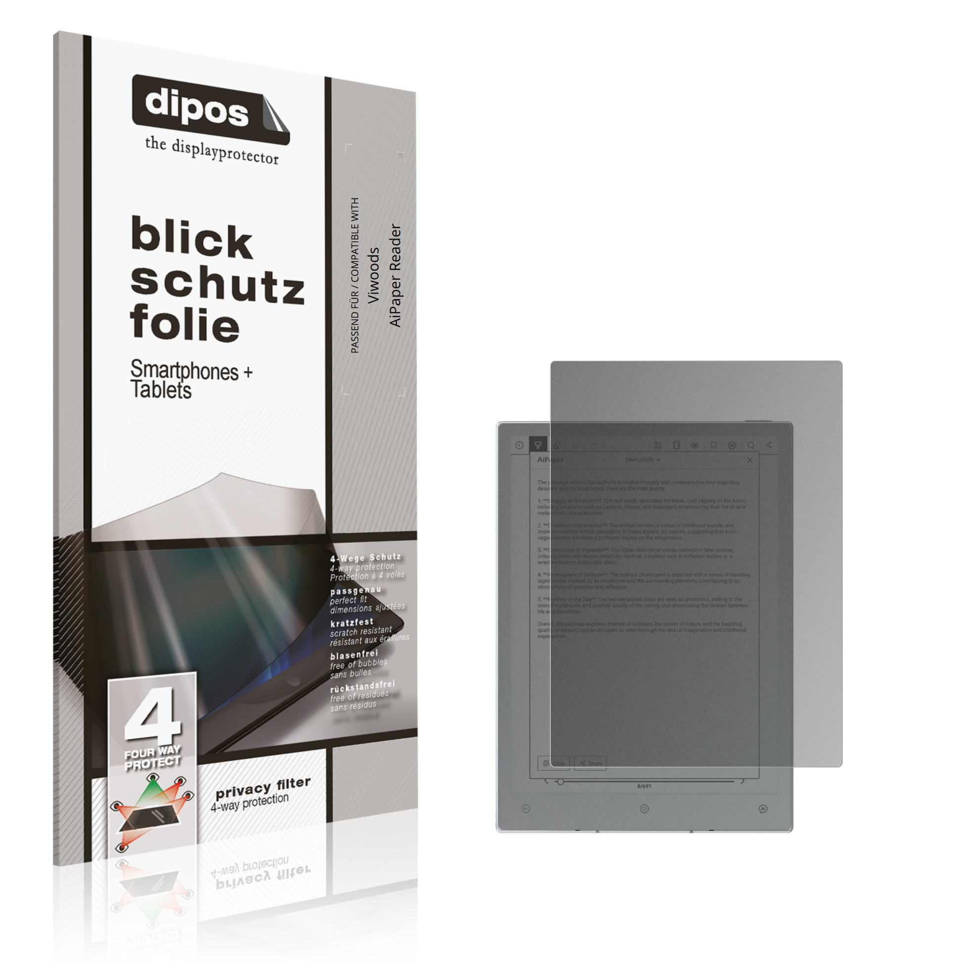 Blickschutzfolie von dipos passend für Viwoods AiPaper Reader, präziser Zuschnitt und blasenfrei montiert