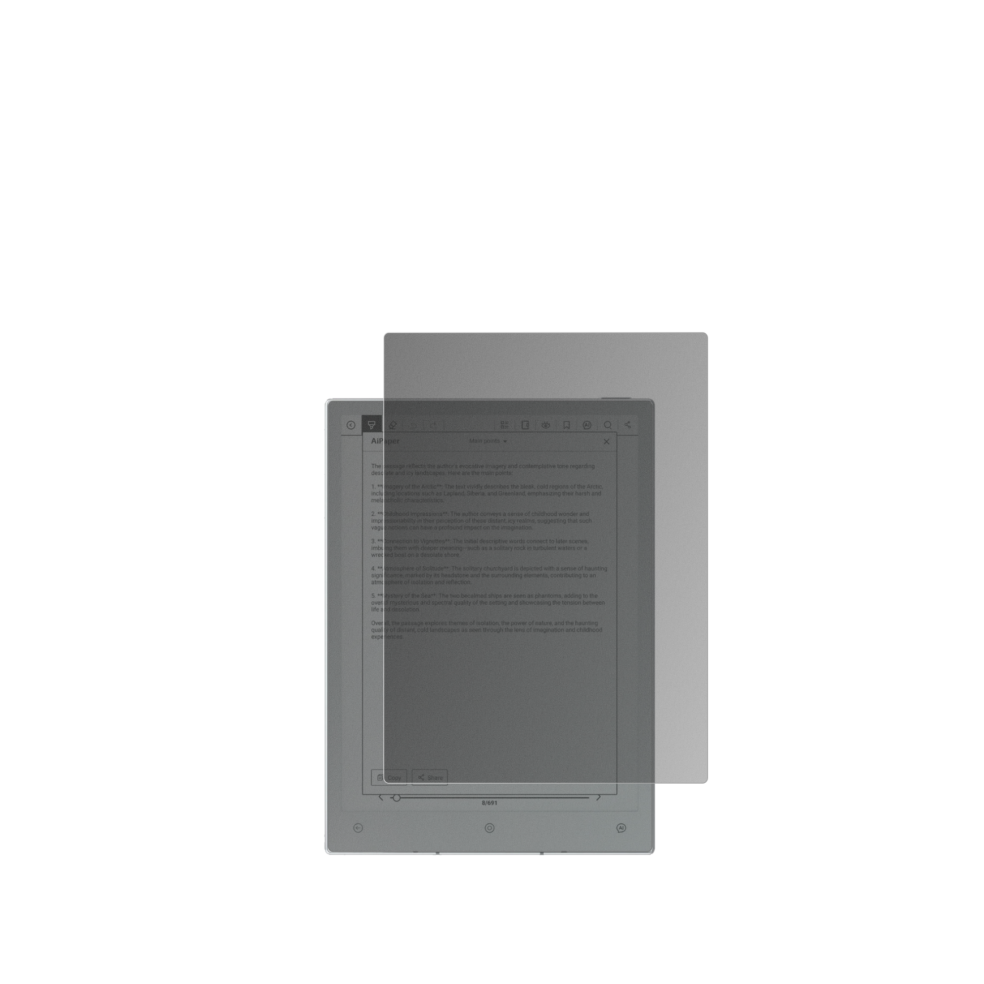 ViwoodsAiPaper Reader mit aufgebrachtem dipos Displayschutz, der seitliche Einblicke blockiert