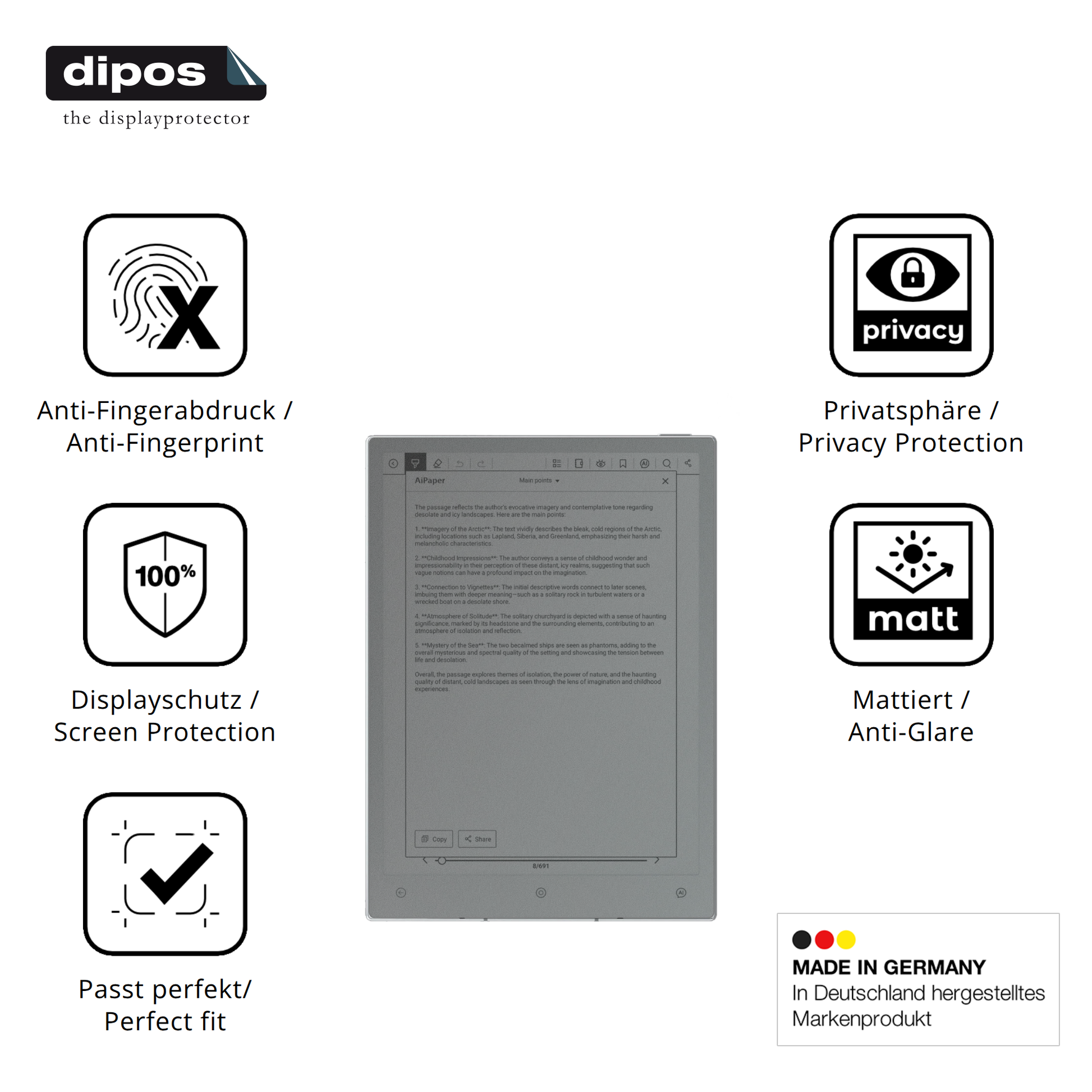 Privatsphäre-Schutz durch Sichtschutz-Folie passend zugeschnitten für Viwoods AiPaper Reader