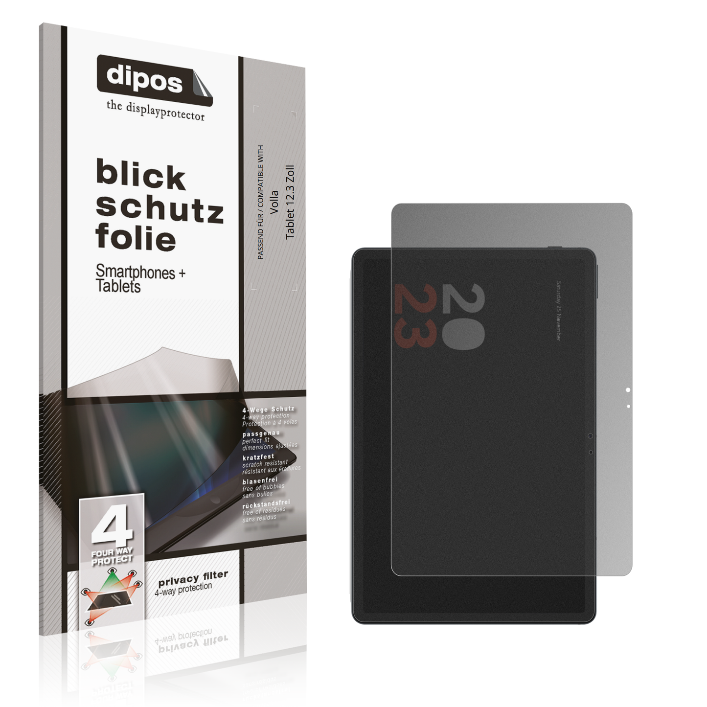 Blickschutzfolie von dipos passend für vollatablet 12.3 zoll, präziser Zuschnitt und blasenfrei montiert