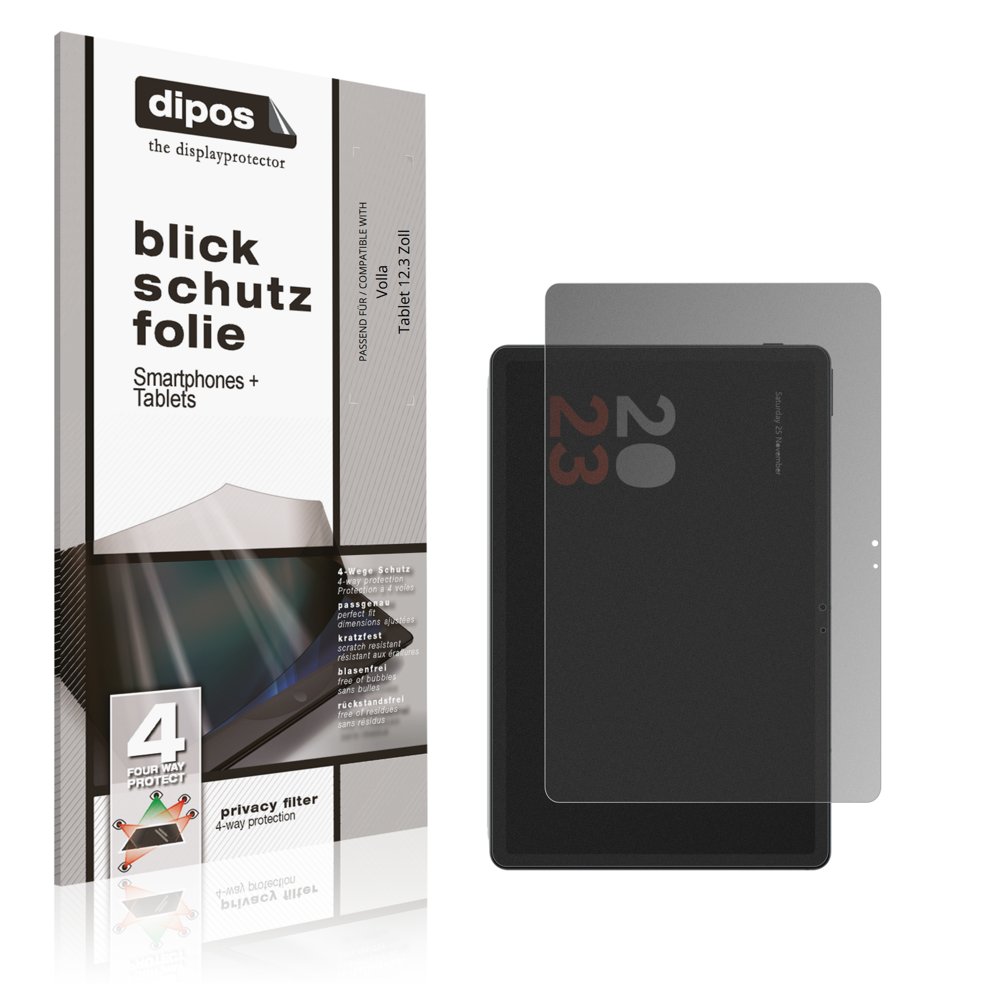 Blickschutzfolie von dipos passend für vollatablet 12.3 zoll, präziser Zuschnitt und blasenfrei montiert