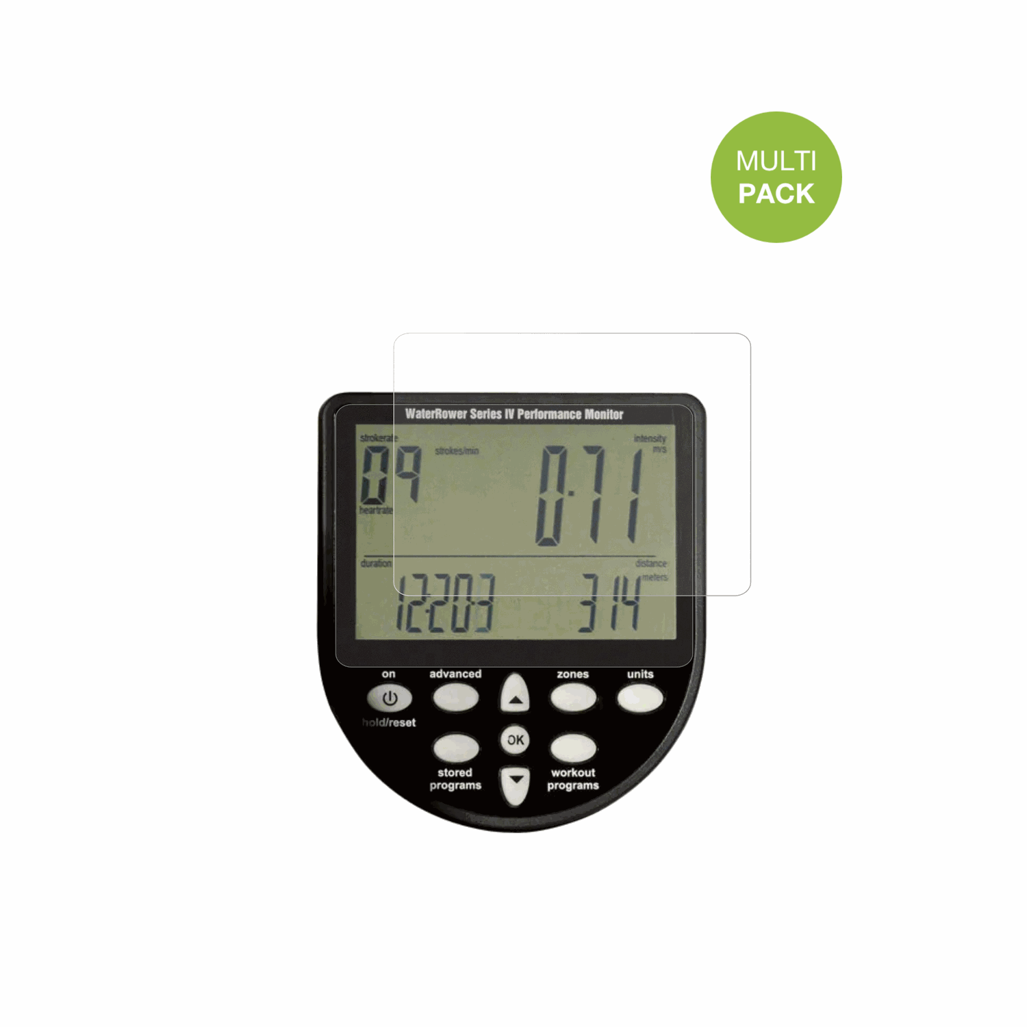 WaterRowerSeries 4 Monitor mit aufgebrachter dipos Displayschutzfolie, die lästige Fingerabdrücke minimiert