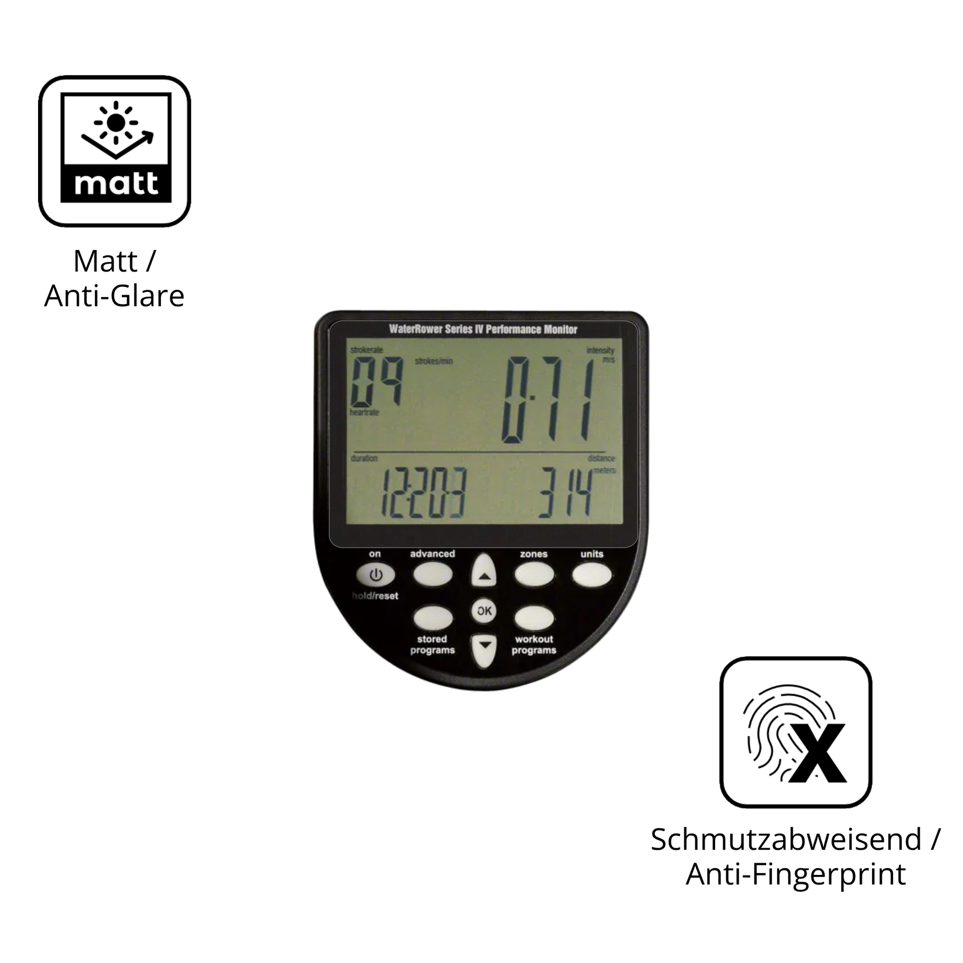 Dünne und entspiegelnde Folie passend zugeschnitten für WaterRower Series 4 Monitor