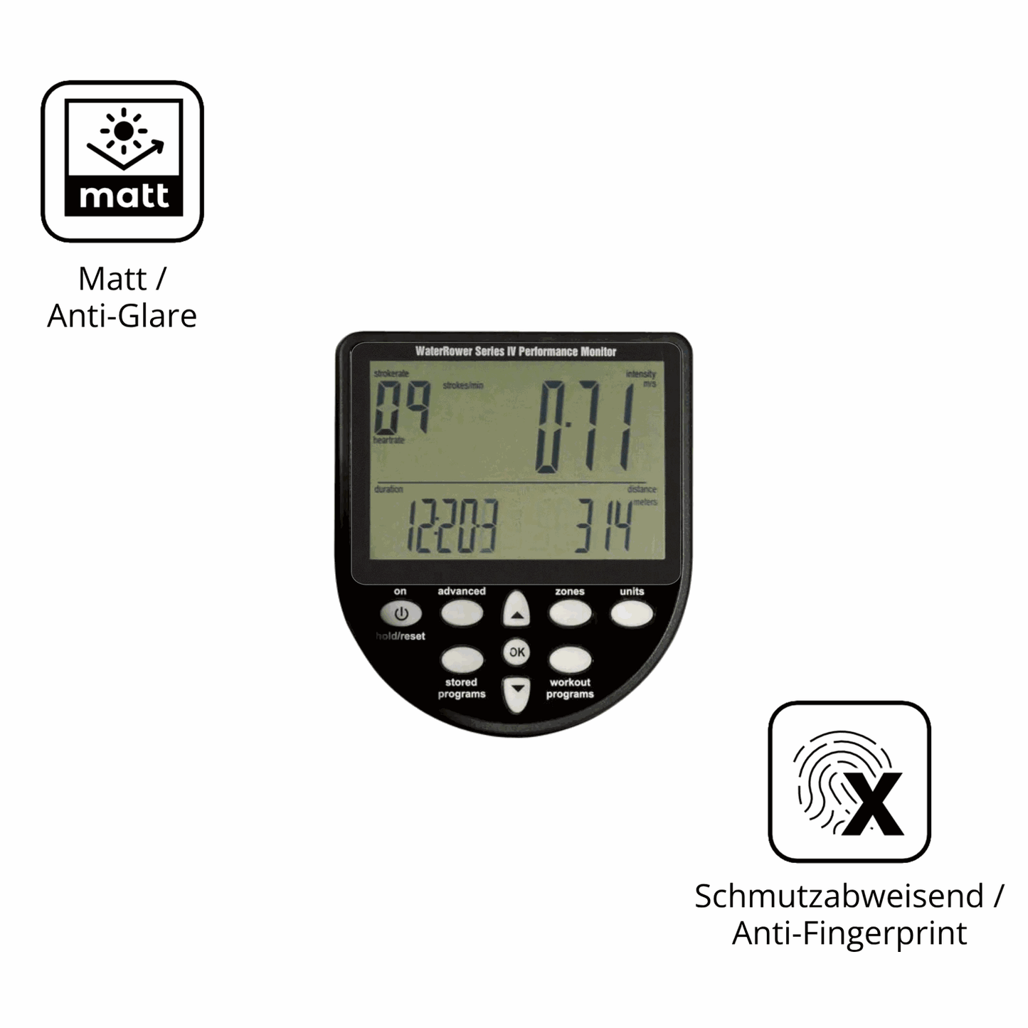 Dünne und entspiegelnde Folie passend zugeschnitten für WaterRower Series 4 Monitor