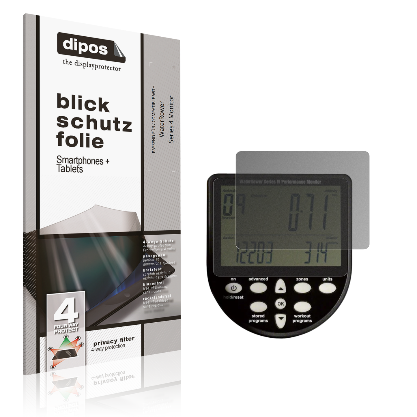 Blickschutzfolie von dipos passend für WaterRower Series 4 Monitor, präziser Zuschnitt und blasenfrei montiert