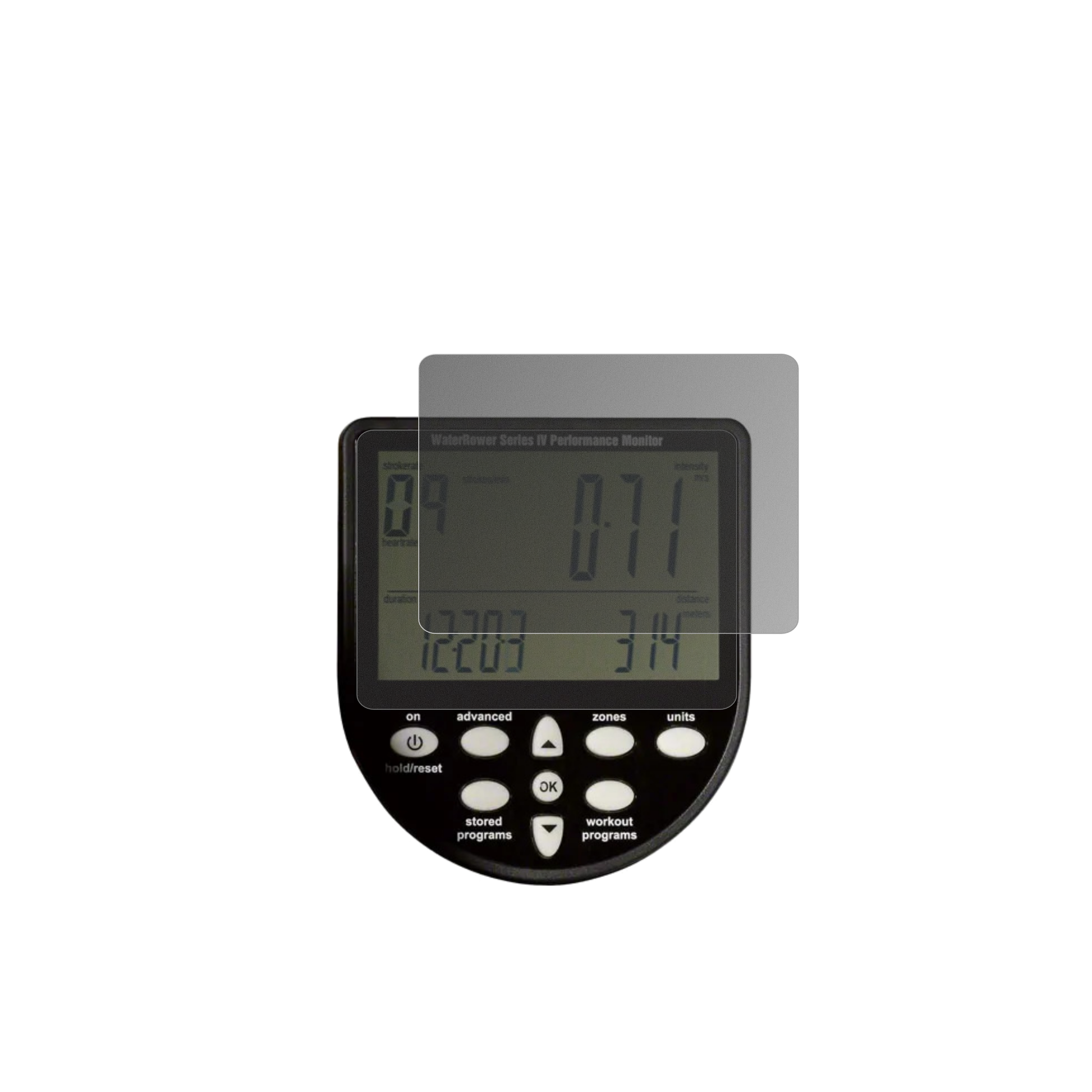 WaterRowerSeries 4 Monitor mit aufgebrachtem dipos Displayschutz, der seitliche Einblicke blockiert