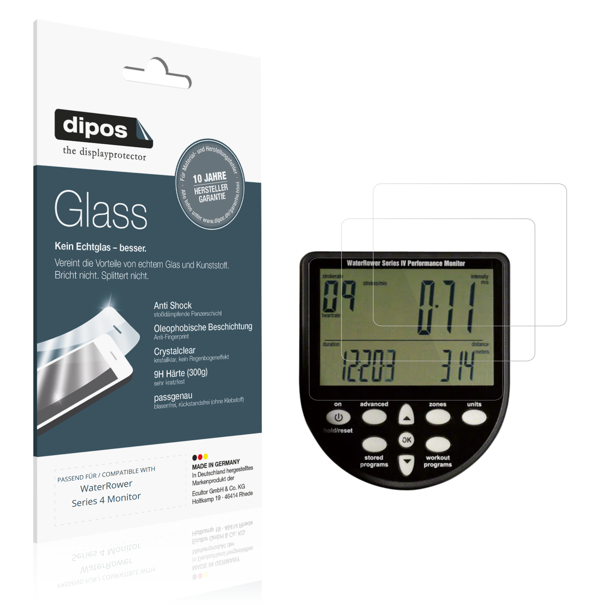 Klare Displayschutzfolie von dipos passend für WaterRower Series 4 Monitor, 9H kratzfest und blasenfrei montiert