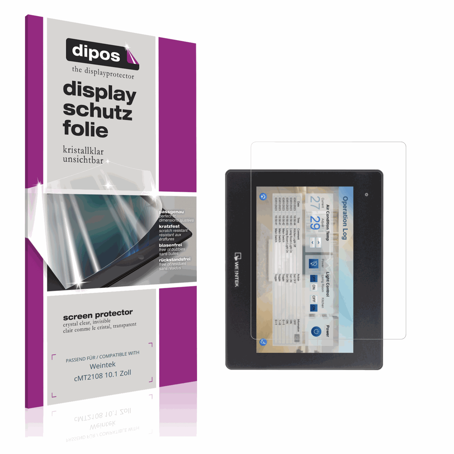 Klare Displayschutzfolie von dipos passend für Weintek cMT2108 10.1 Zoll, präziser Zuschnitt und blasenfrei montiert