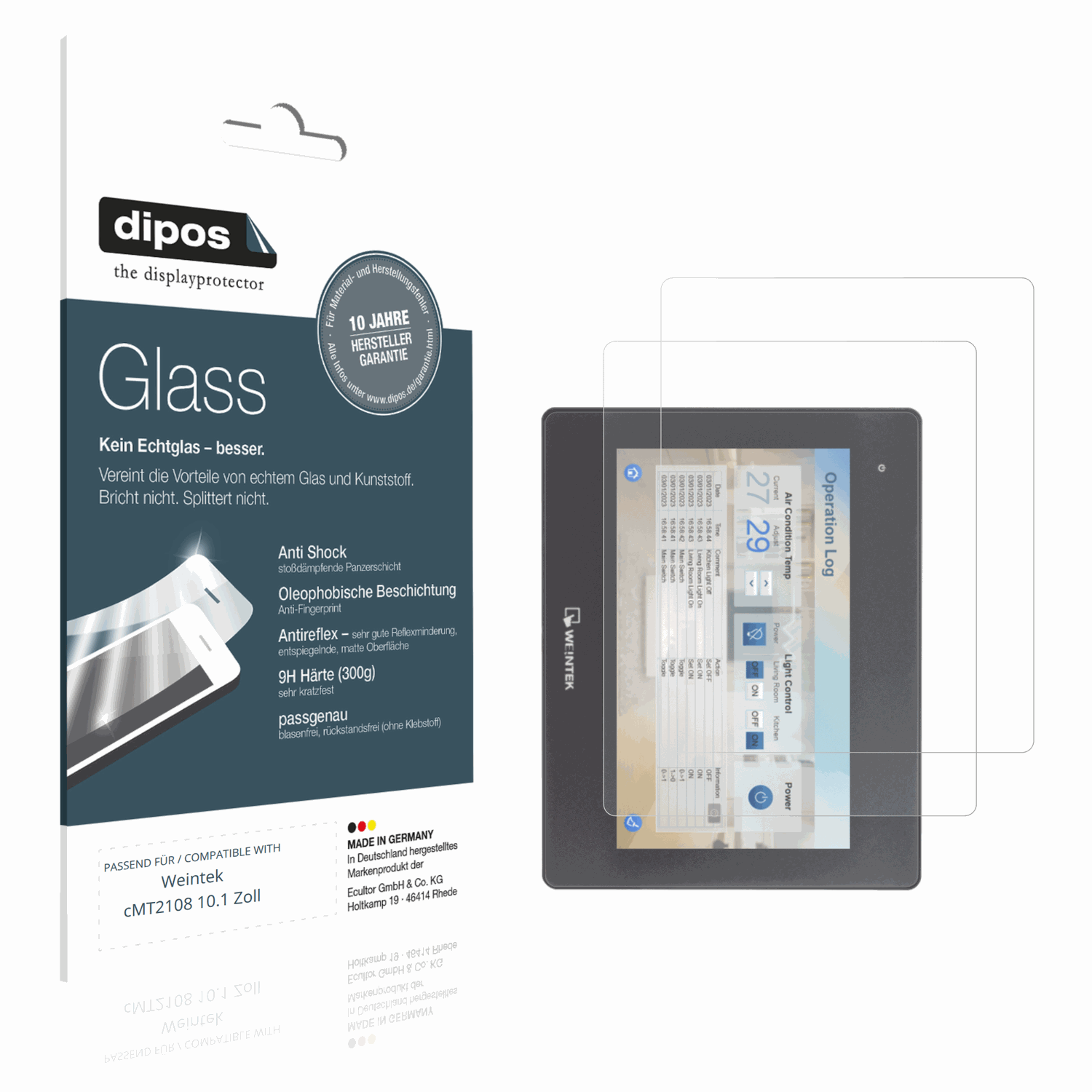 Matte Displayschutzfolie von dipos passend für Weintek cMT2108 10.1 Zoll, 9H kratzfest und blasenfrei montiert