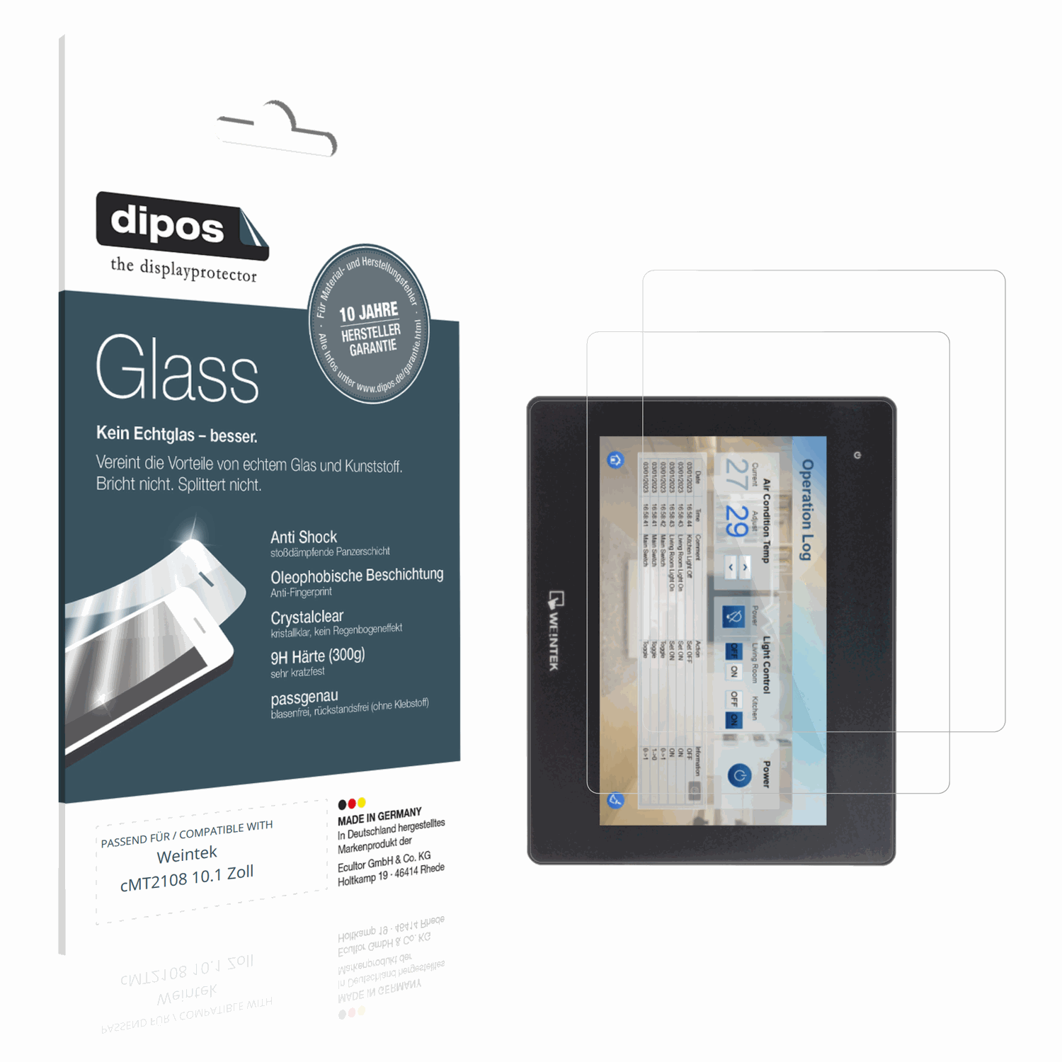 Klare Displayschutzfolie von dipos passend für Weintek cMT2108 10.1 Zoll, 9H kratzfest und blasenfrei montiert