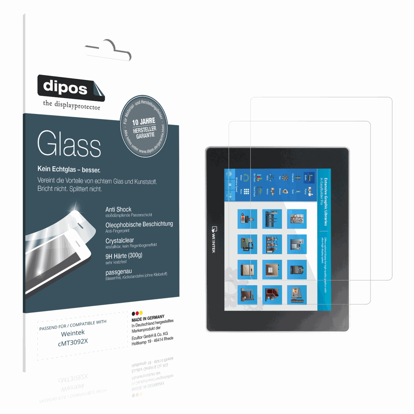 Klare Displayschutzfolie von dipos passend für Weintek cMT3092X, 9H kratzfest und blasenfrei montiert