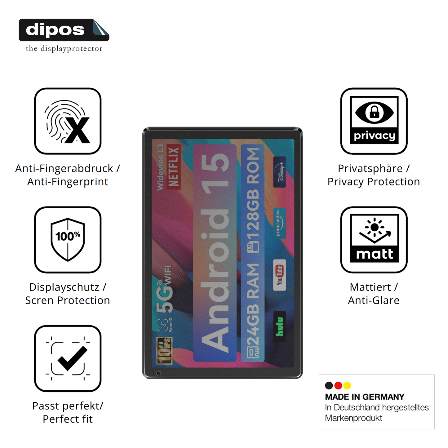 Blickschutzfolie für Whitedeer WHEC107BK 10.1 Zoll matt Schutzfolie Privacy