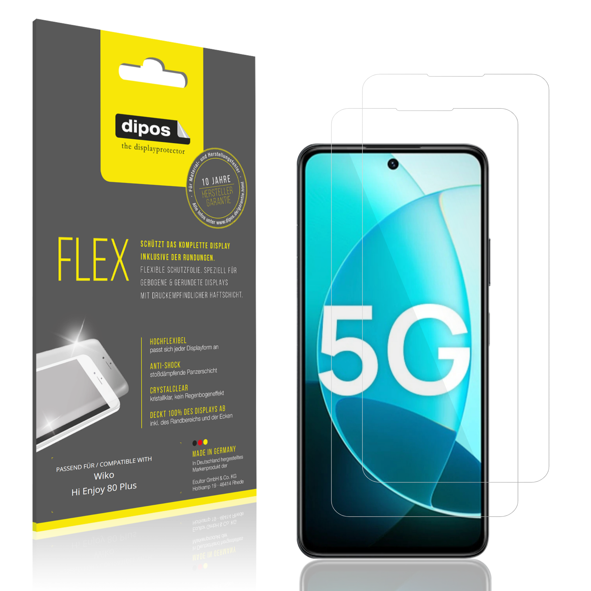Klare Displayschutzfolie von dipos passend für Wiko Hi Enjoy 80 Plus, 100% Displayabdeckung und blasenfreie Montage