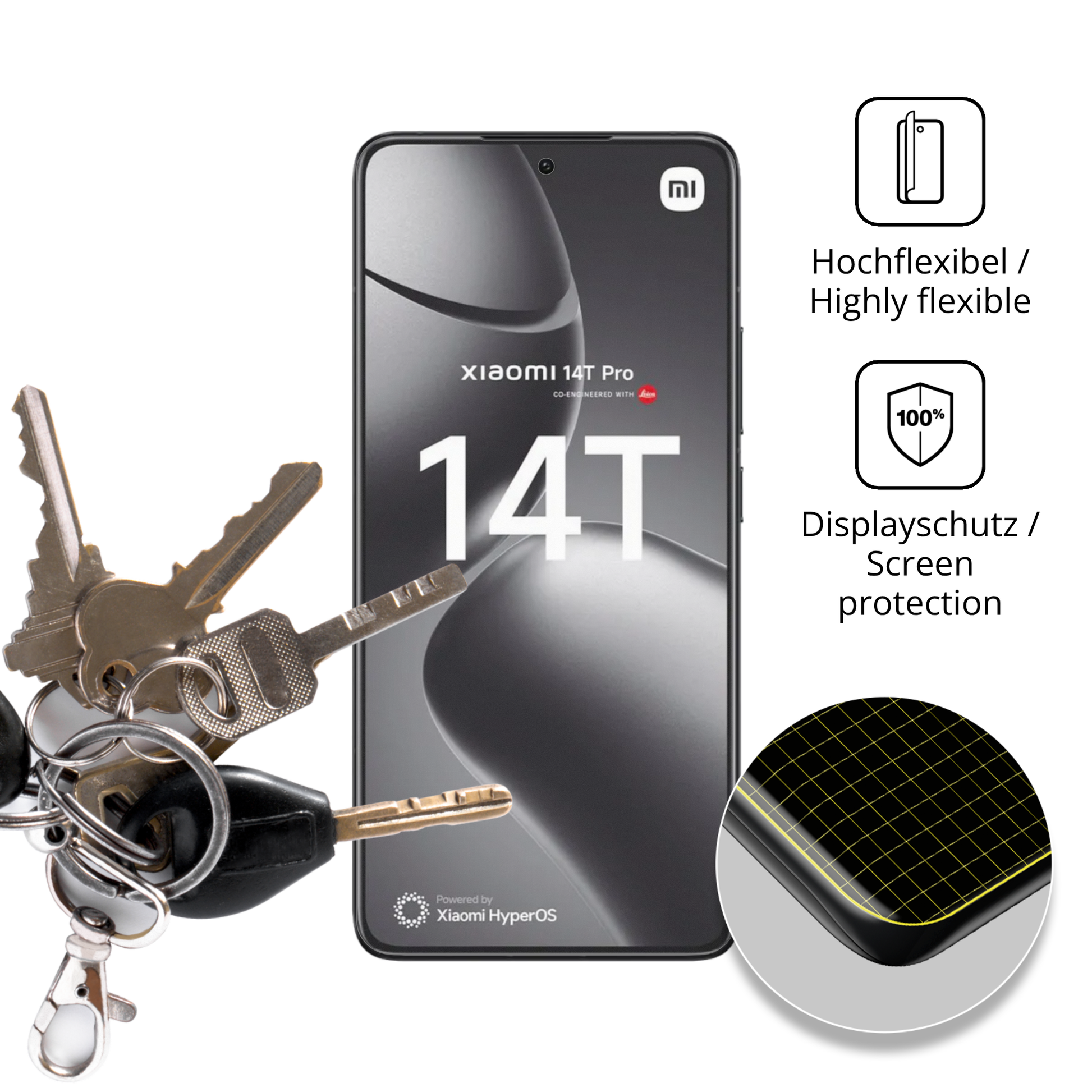 dipos Displayschutz für Xiaomi 14T Pro, transparente Oberfläche, perfekte Passform auch für die Rundungen