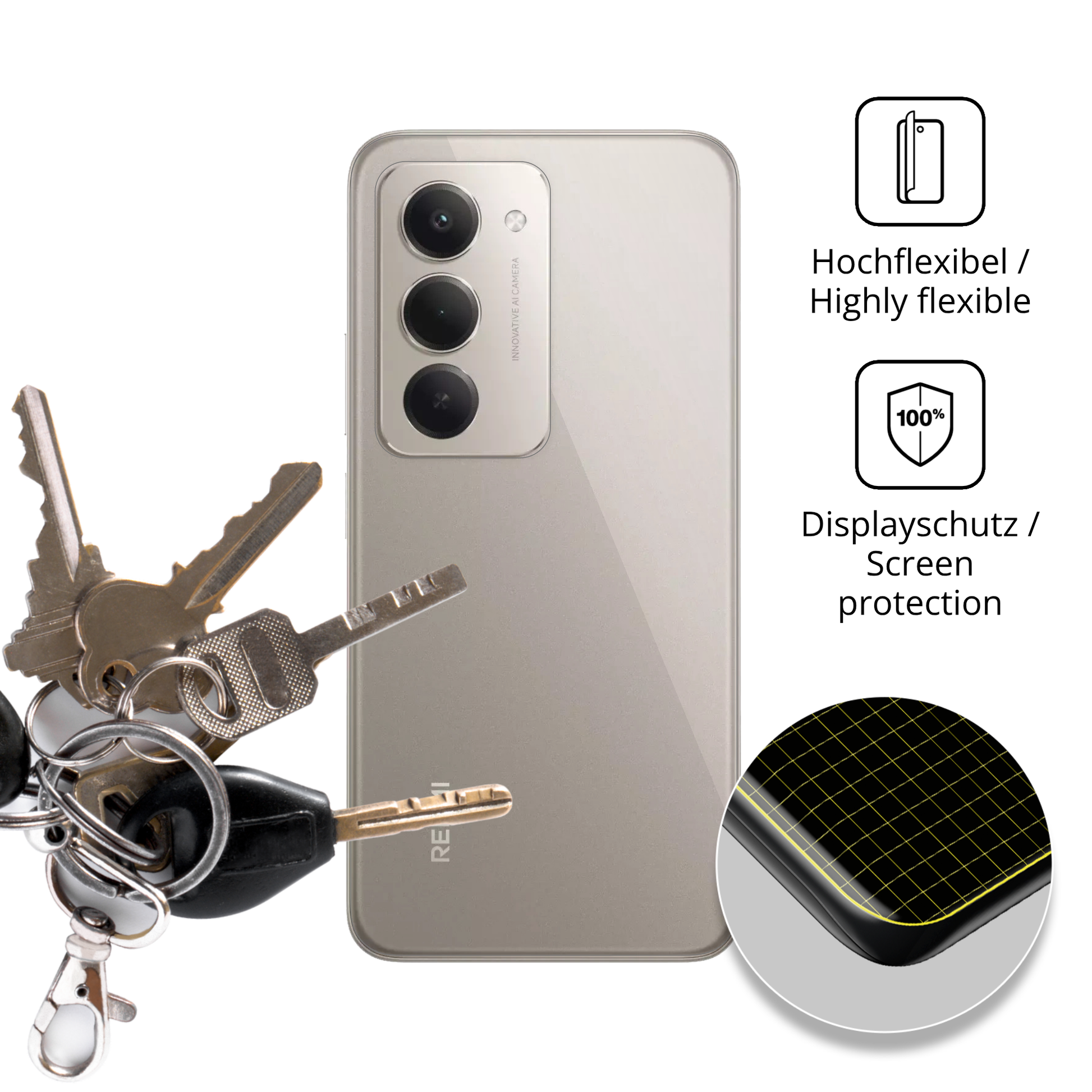 dipos Displayschutz f�r Xiaomi Redmi 15 4G R�ckseite, transparente Oberfl�che, geringe Dicke und perfekte Passform