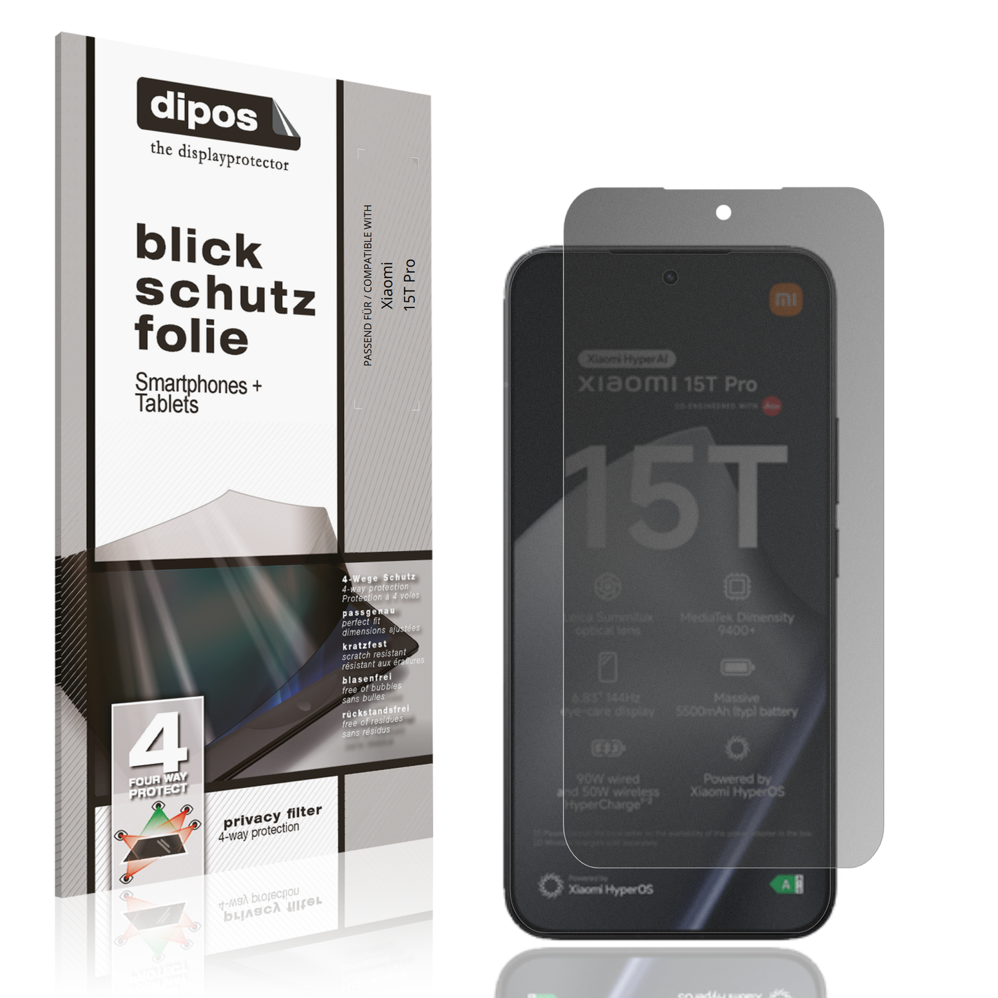 Blickschutzfolie von dipos passend für Xiaomi 15T Pro, präziser Zuschnitt und blasenfrei montiert