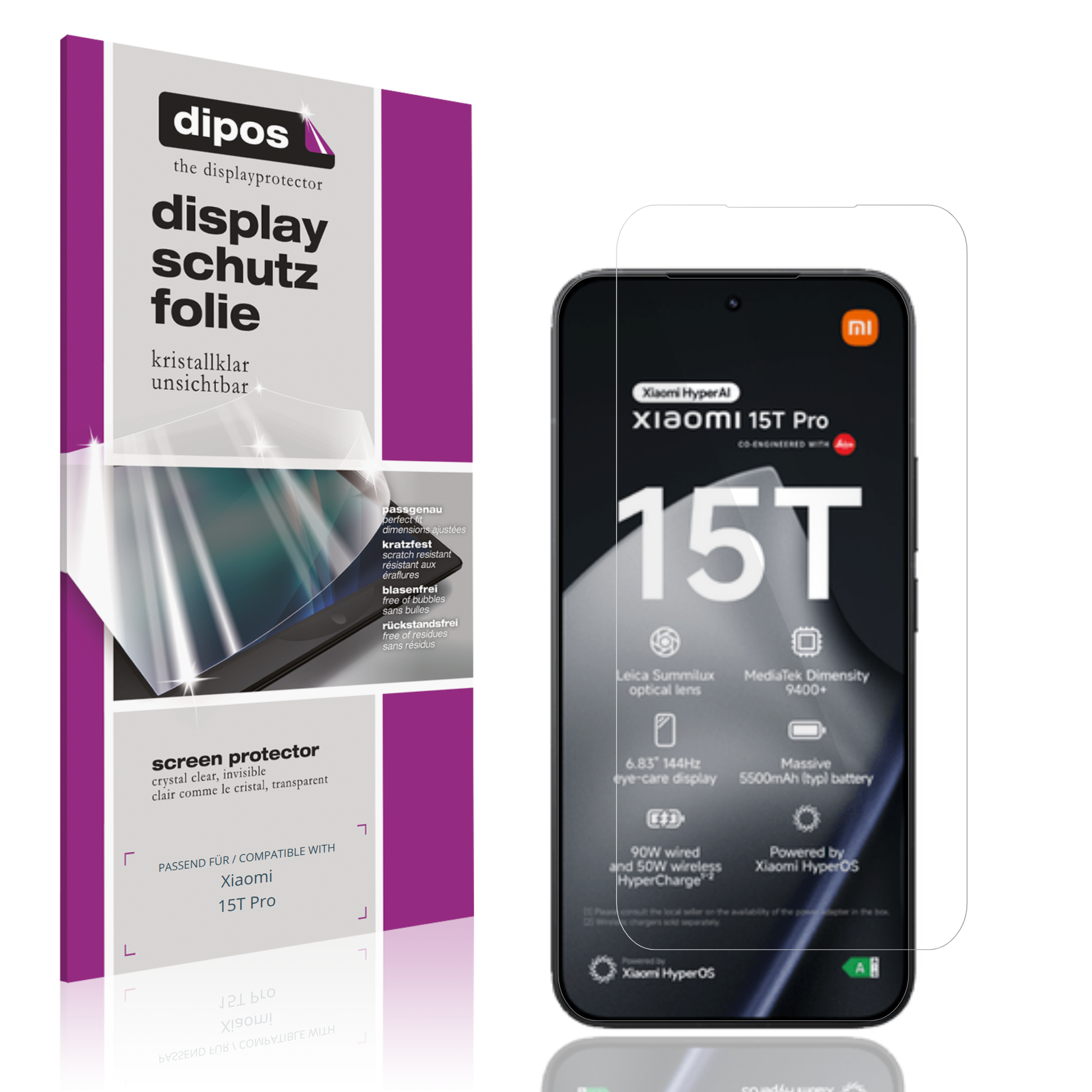 Klare Displayschutzfolie von dipos passend für Xiaomi 15T Pro, präziser Zuschnitt und blasenfrei montiert
