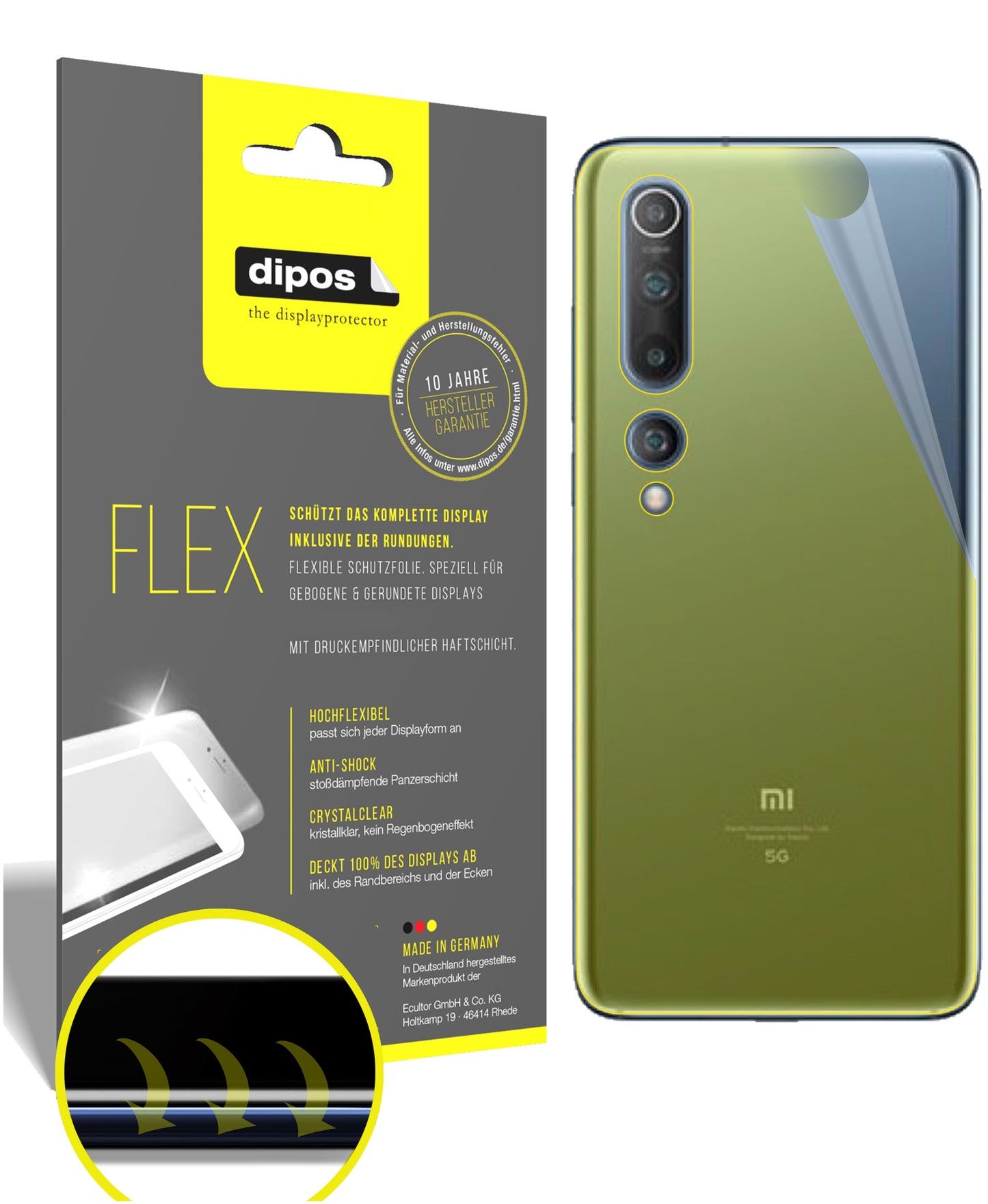 Klare Displayschutzfolie von dipos passend für Xiaomi Mi 10 Rückseite, 100% Displayabdeckung und blasenfreie Montage