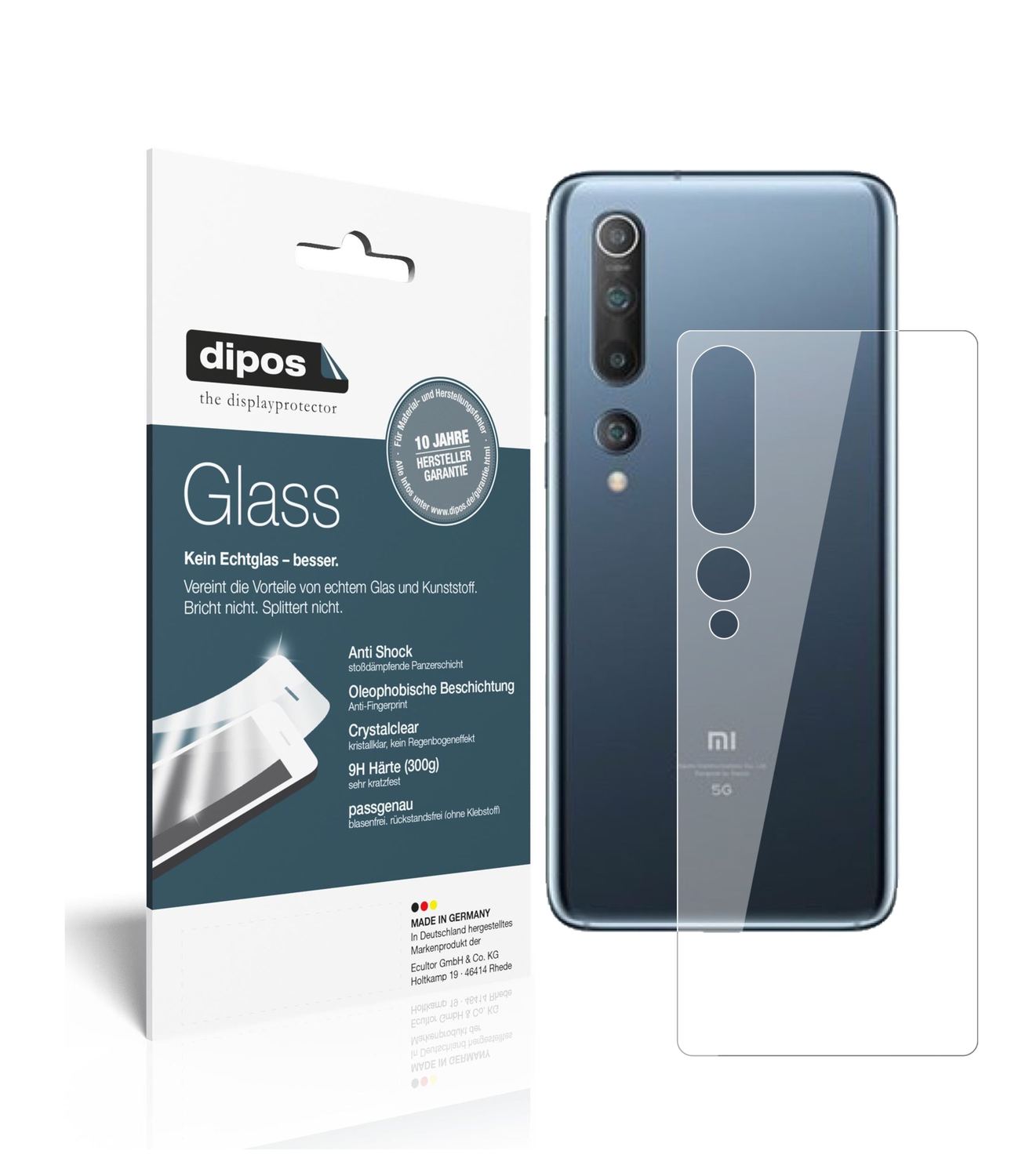 Klare Displayschutzfolie von dipos passend für Xiaomi Mi 10 Pro Rückseite, 9H kratzfest und blasenfrei montiert