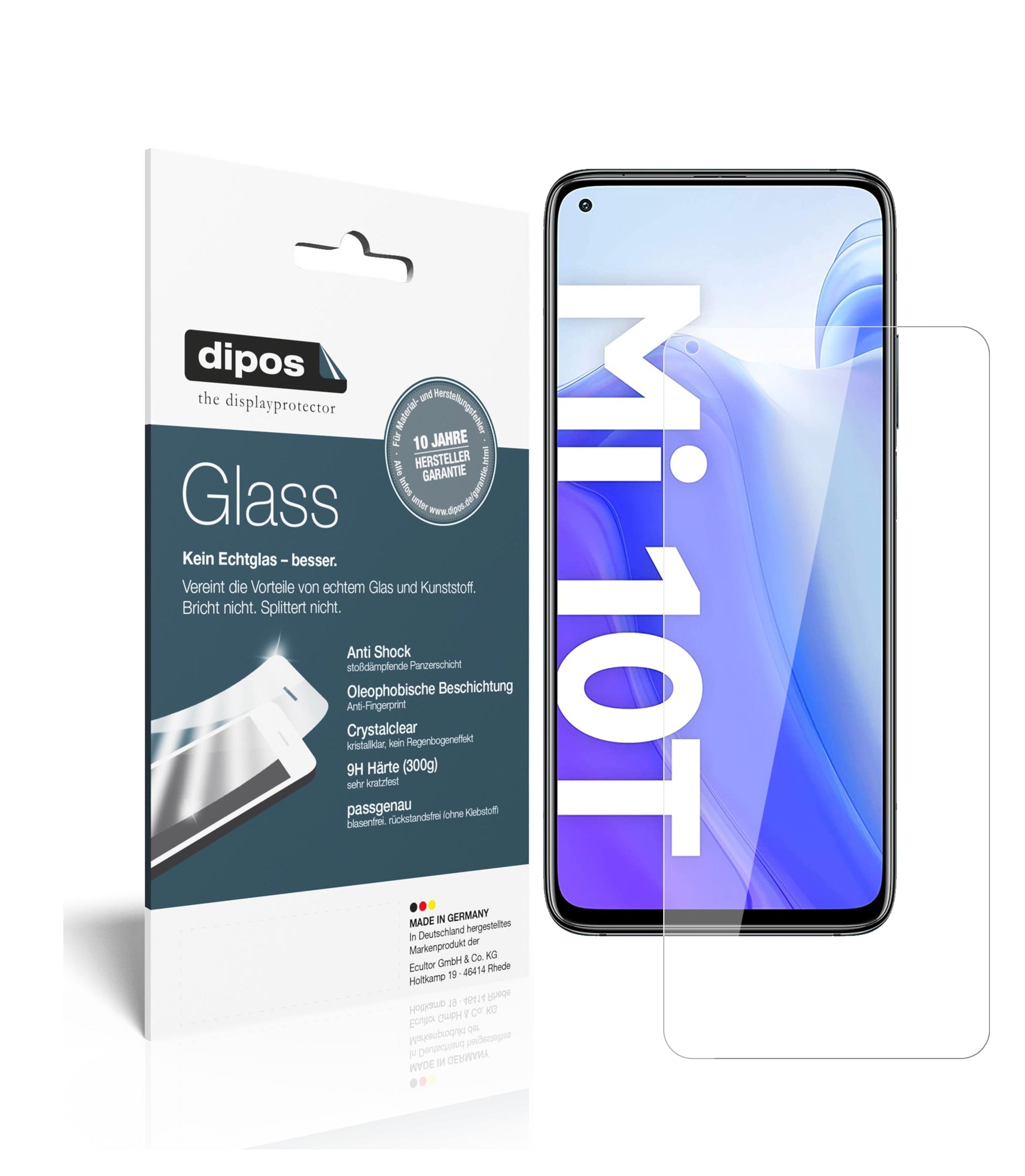 Klare Displayschutzfolie von dipos passend für Xiaomi Mi 10T, 9H kratzfest und blasenfrei montiert
