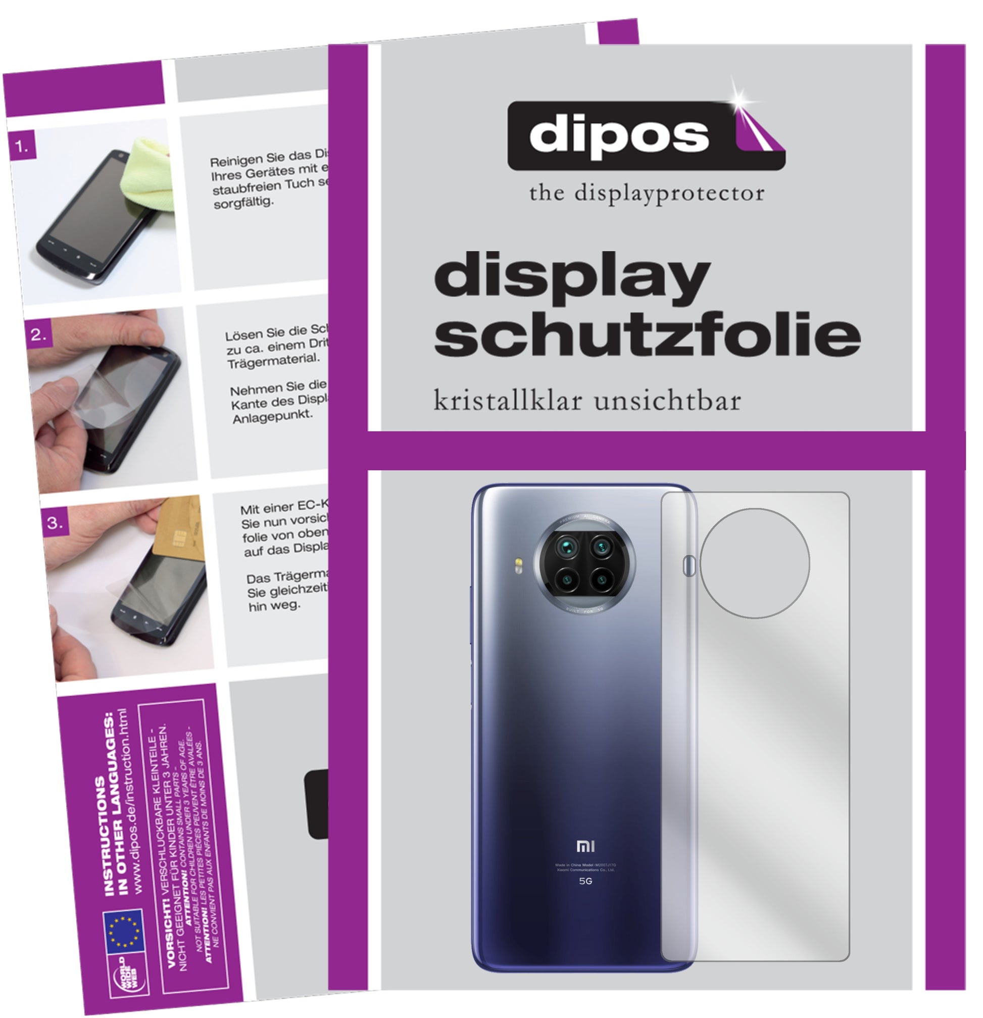 Klare Displayschutzfolie von dipos passend für Xiaomi Mi 10T Lite Rückseite, präziser Zuschnitt und blasenfrei montiert