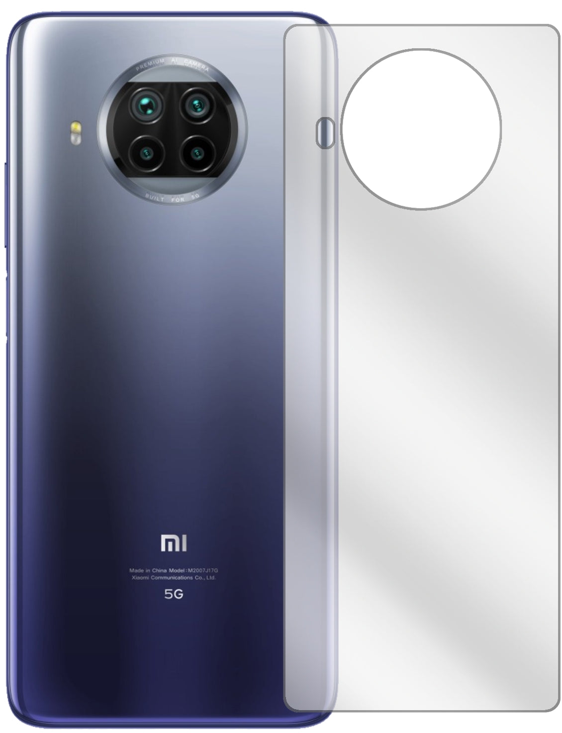 XiaomiMi 10T Lite Rückseite mit aufgebrachter dipos Displayschutzfolie, glasklare Darstellung ohne Einschränkungen