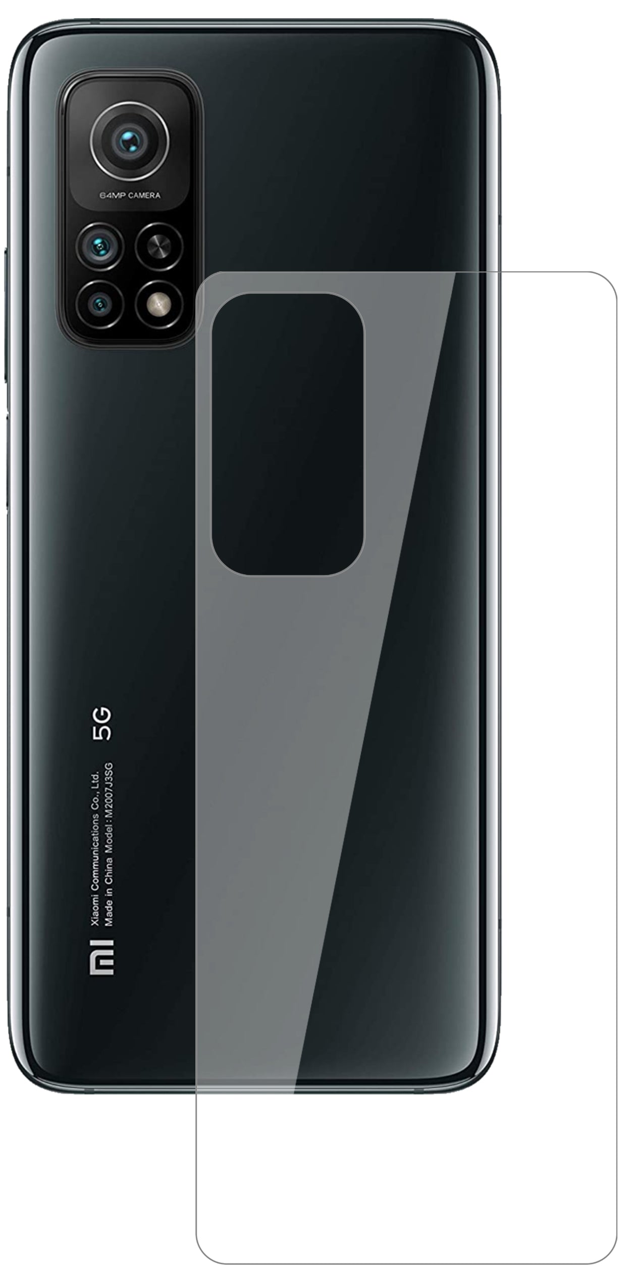 XiaomiMi 10T Pro Rückseite mit aufgebrachter dipos Flex Schutzfolie, glasklare Darstellung ohne Einschränkungen