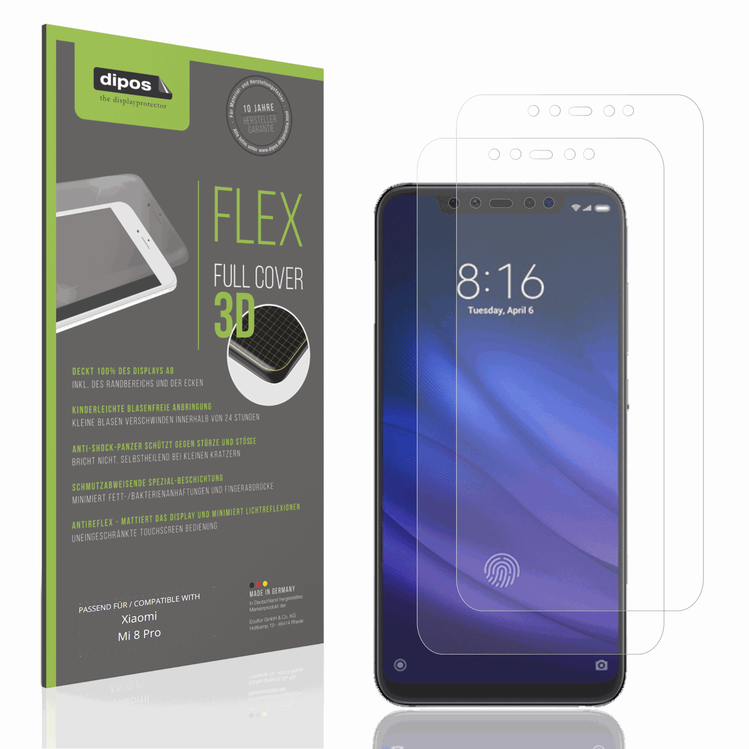 Matte Displayschutzfolie von dipos passend für Xiaomi Mi 8 Pro, 100% Displayabdeckung und blasenfreie Montage